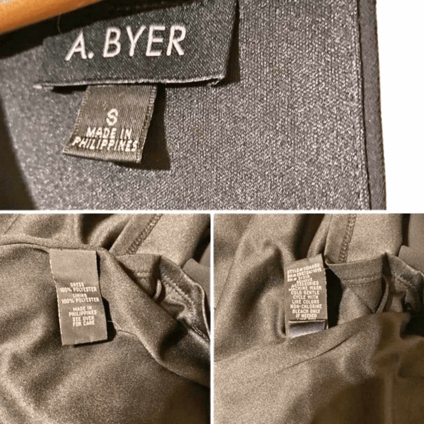 Close-up of A. Byer clothing labels on fabric