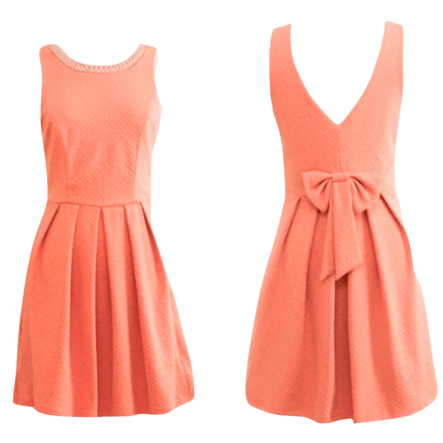 Coral dress shown from front and back on a transparent background