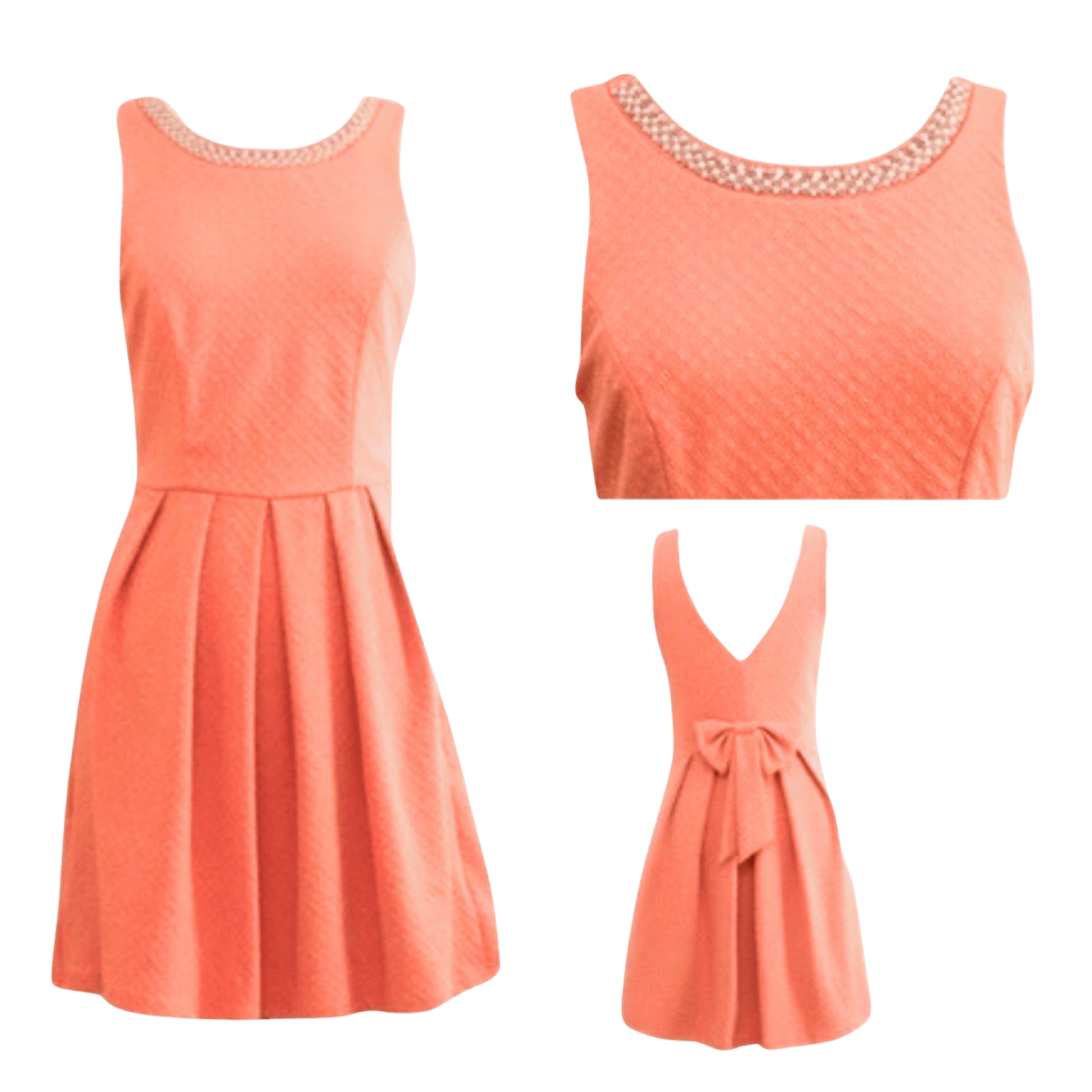 Coral dress shown from front, back, and side views on a transparent background