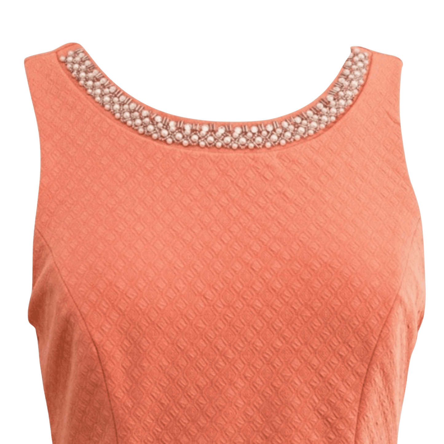 Coral sleeveless top with pearl embellishments on a transparent background