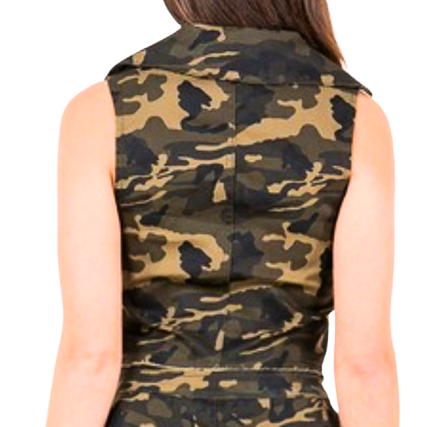 Camouflage vest worn by a person on a white background