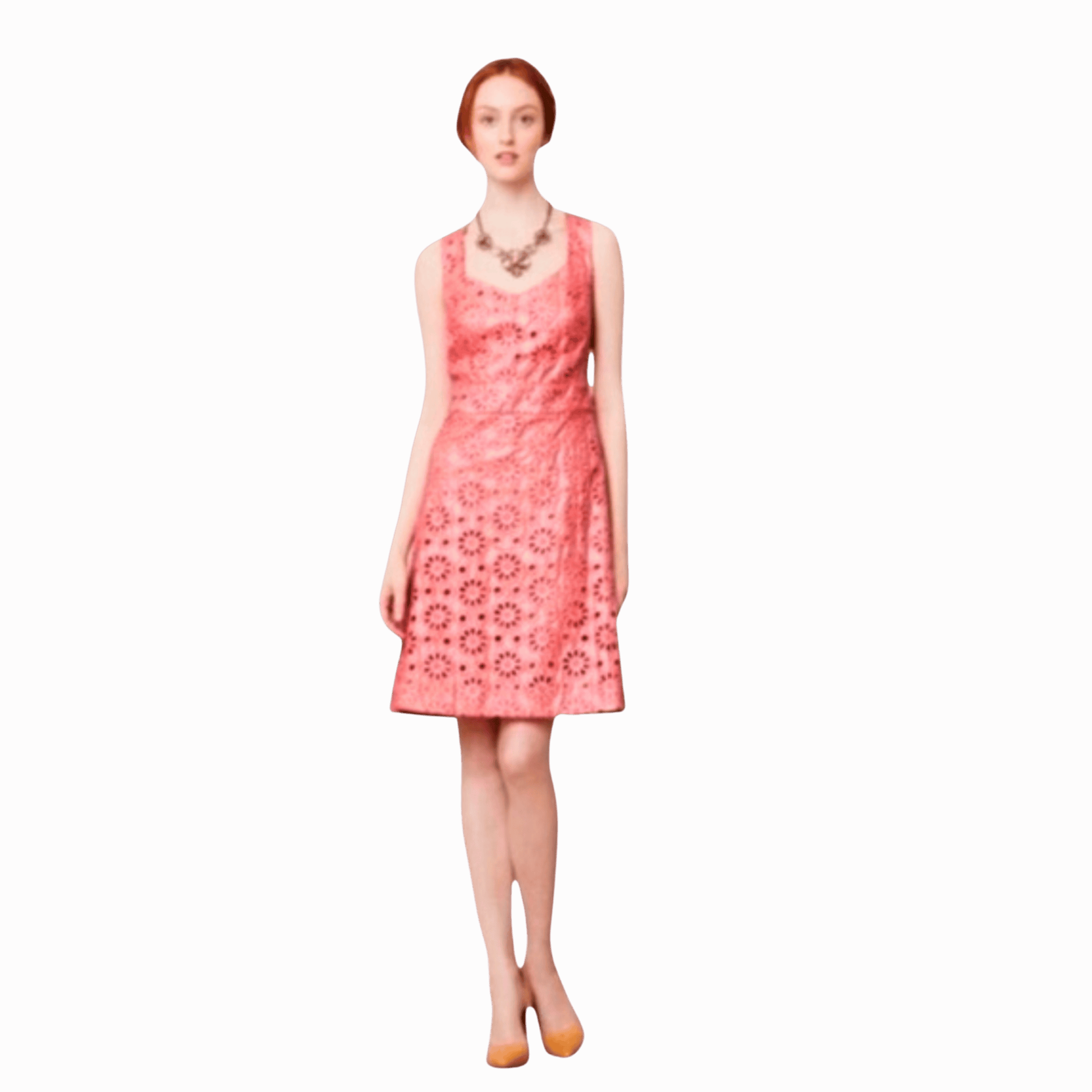 Woman wearing a pink floral dress on a brown background