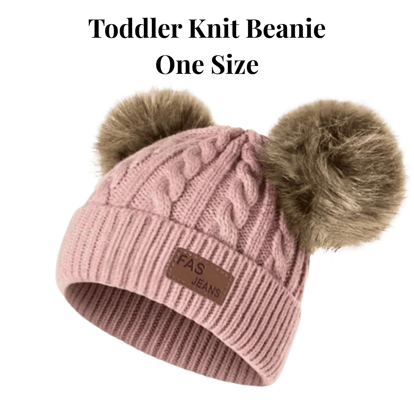 Pink knit beanie with two pom-poms on a green background