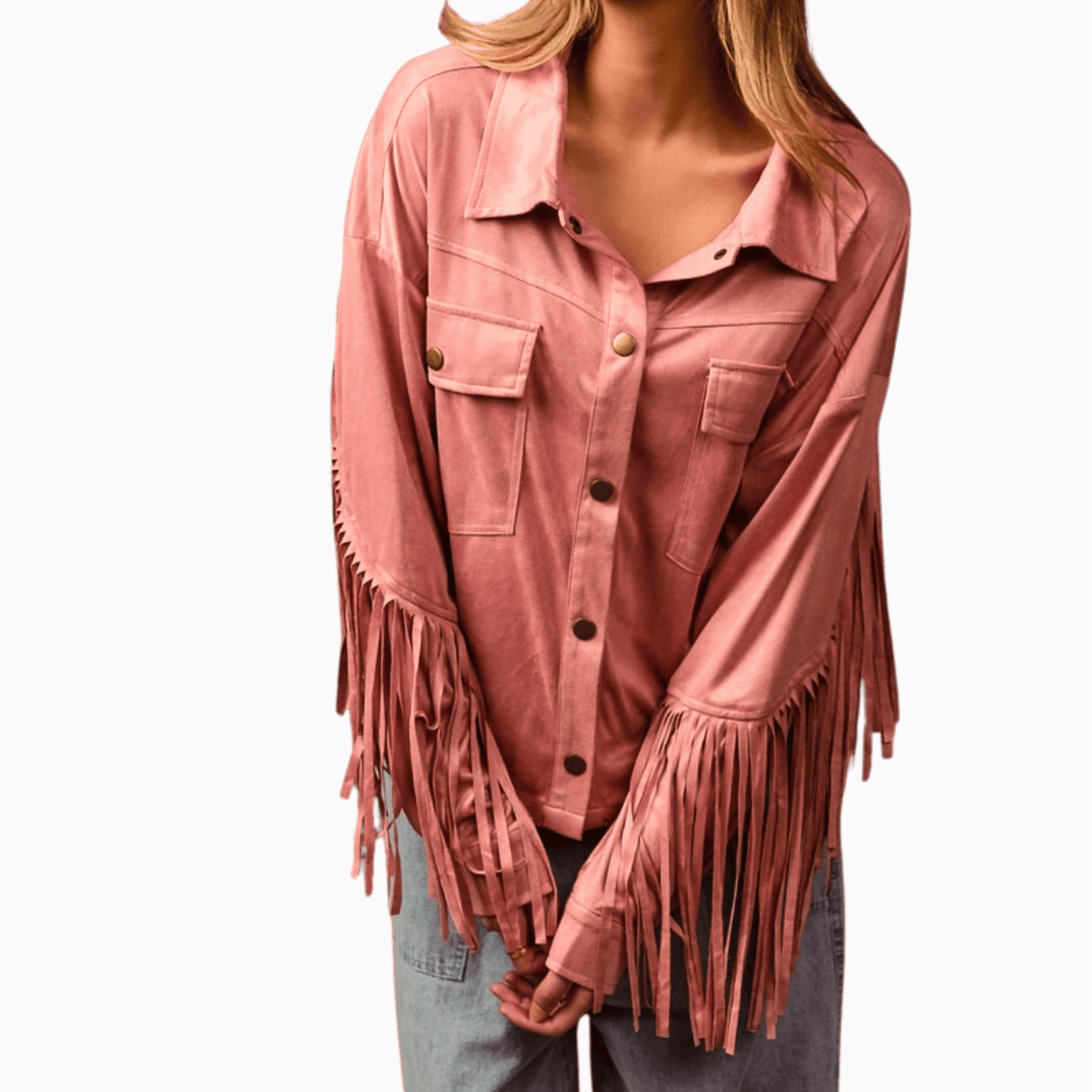 Pink fringed jacket worn by a person on a brown background