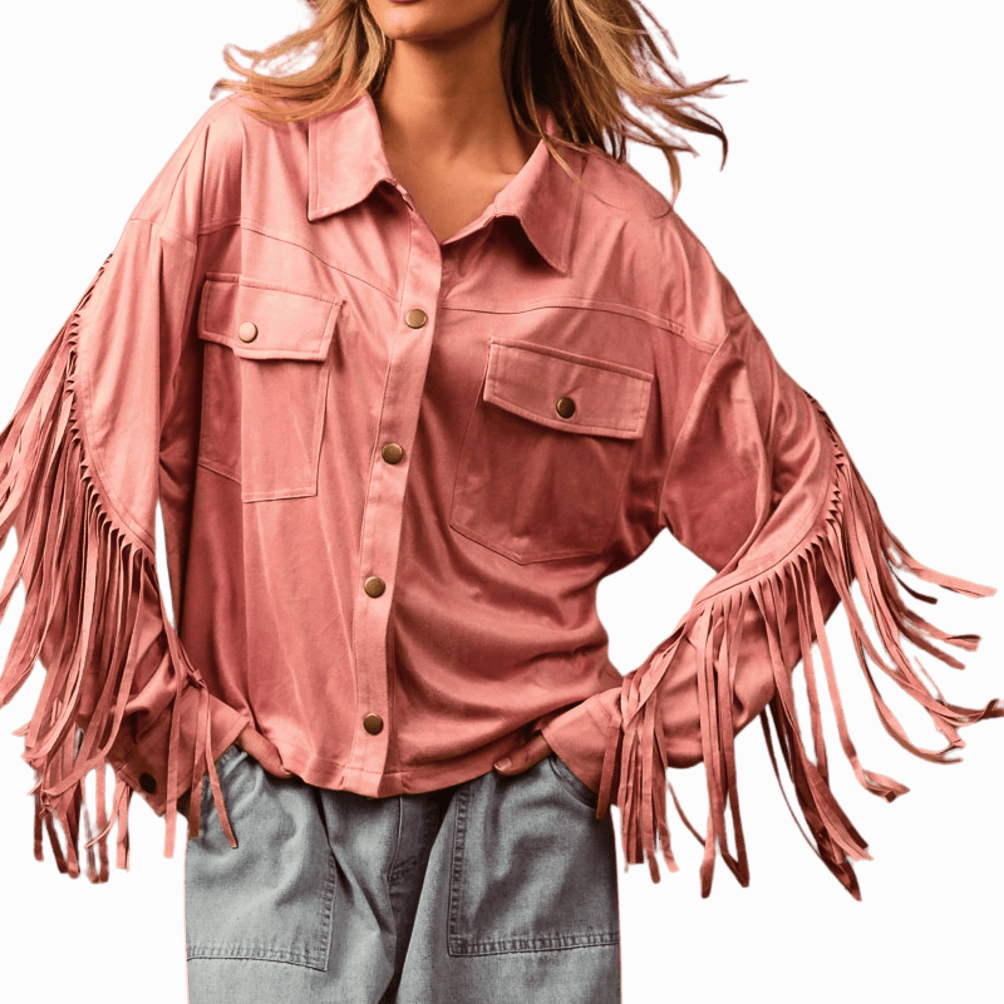 Pink fringed jacket worn by a person on a red background