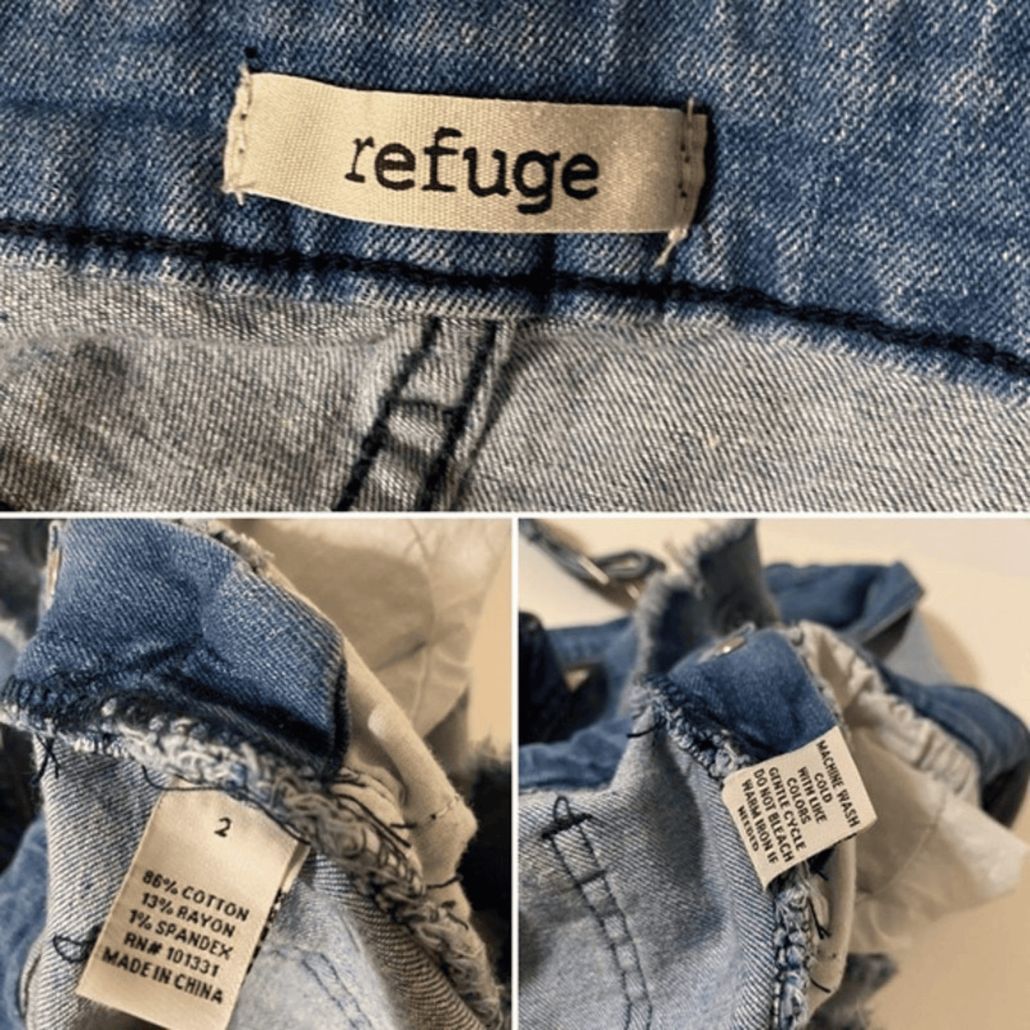 Close-up of a 'refuge' label on denim fabric with additional labels showing material details.
