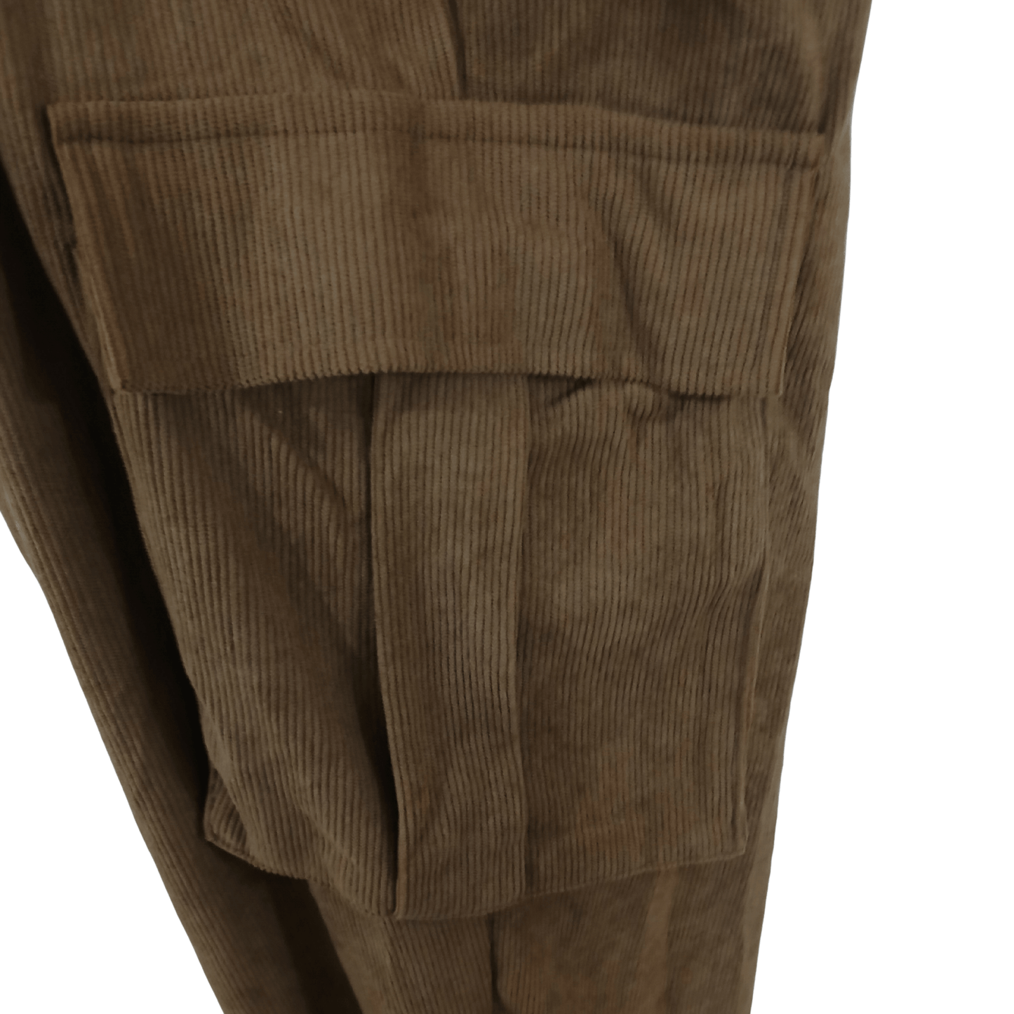 Brown corduroy pants with multiple pockets on a transparent background