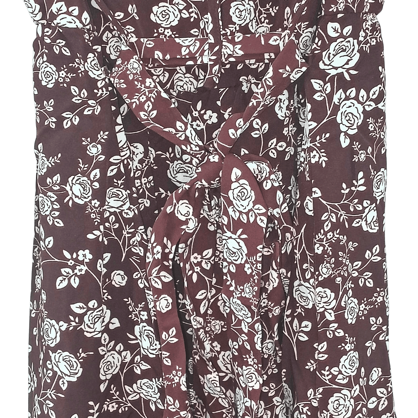 Floral patterned dress with a tie waist on a clear background