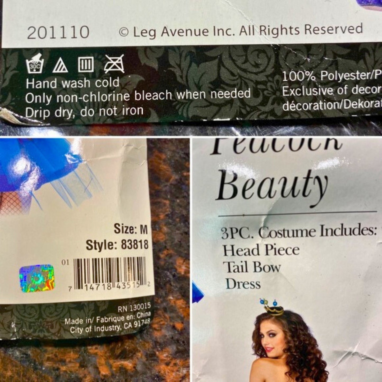 Package with 'Leg Avenue' branding and costume information.