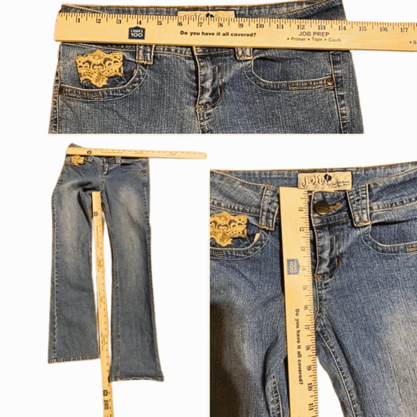 Blue jeans with a gold buckle being measured with a ruler on a red background