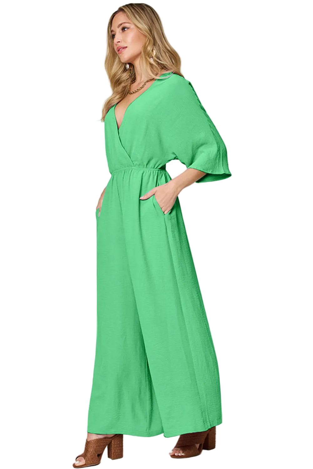 Double Take Full Size Surplice Wide Leg Jumpsuit with Pockets