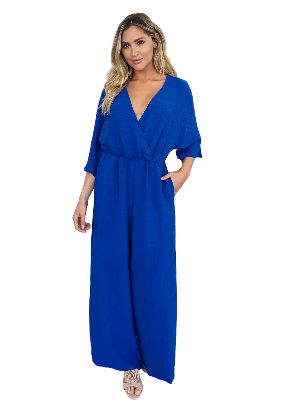 Double Take Full Size Surplice Wide Leg Jumpsuit with Pockets