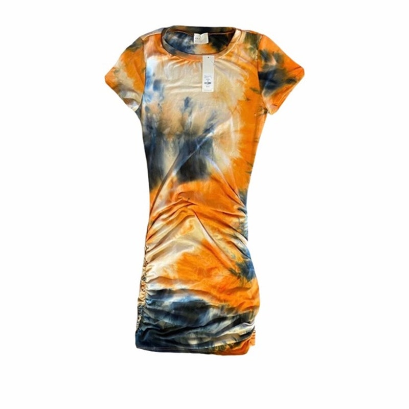 Tie-dye t-shirt with orange, black, and white pattern on a white background
