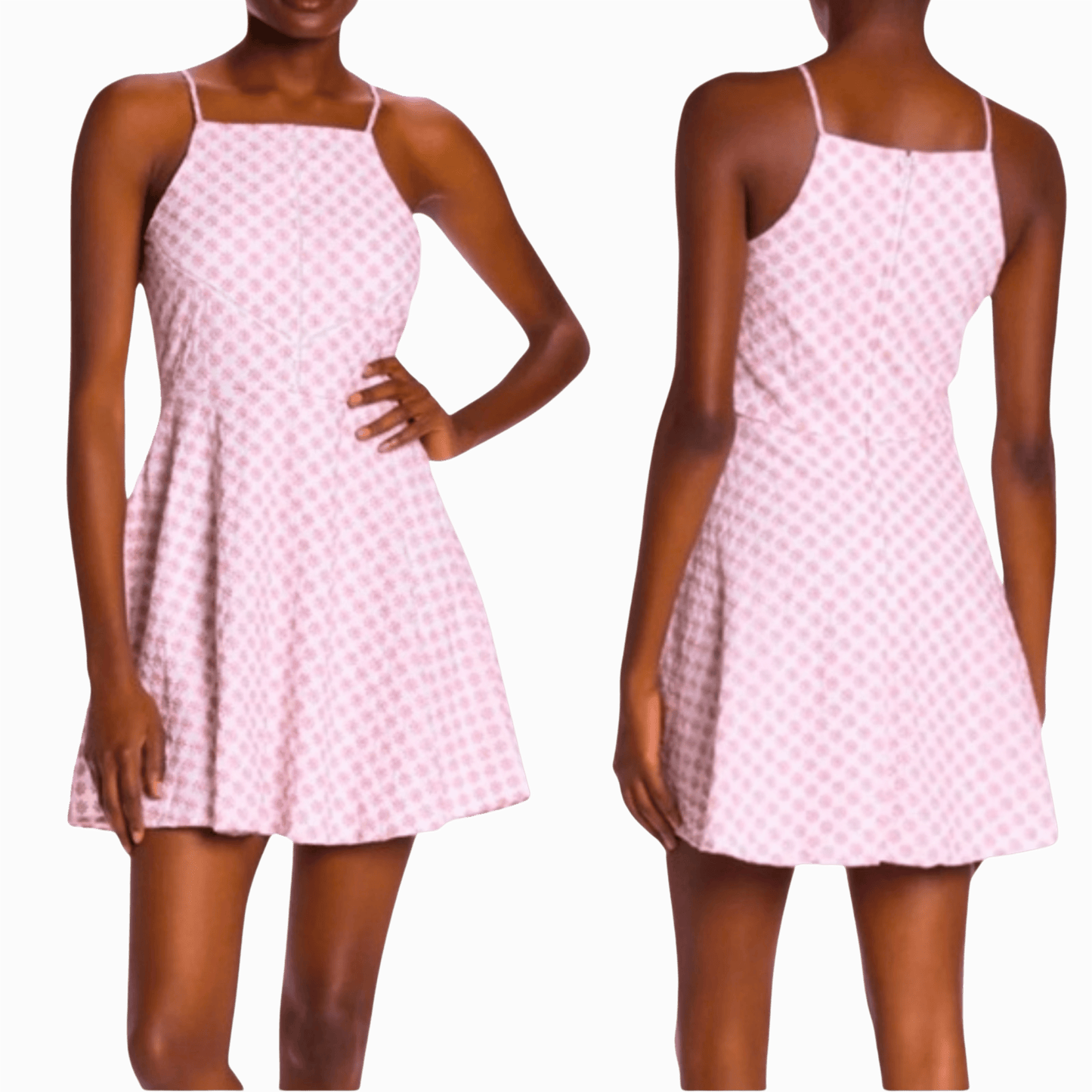 Pink checkered dress shown from front and back on a gray background