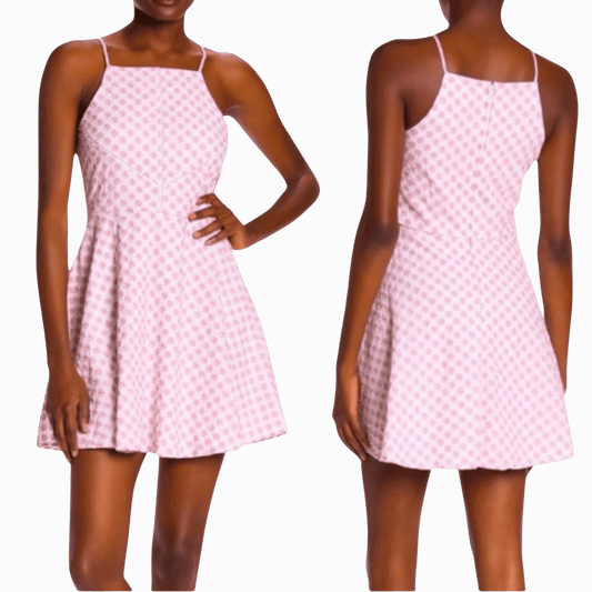 Pink checkered dress shown from front and back on a gray background
