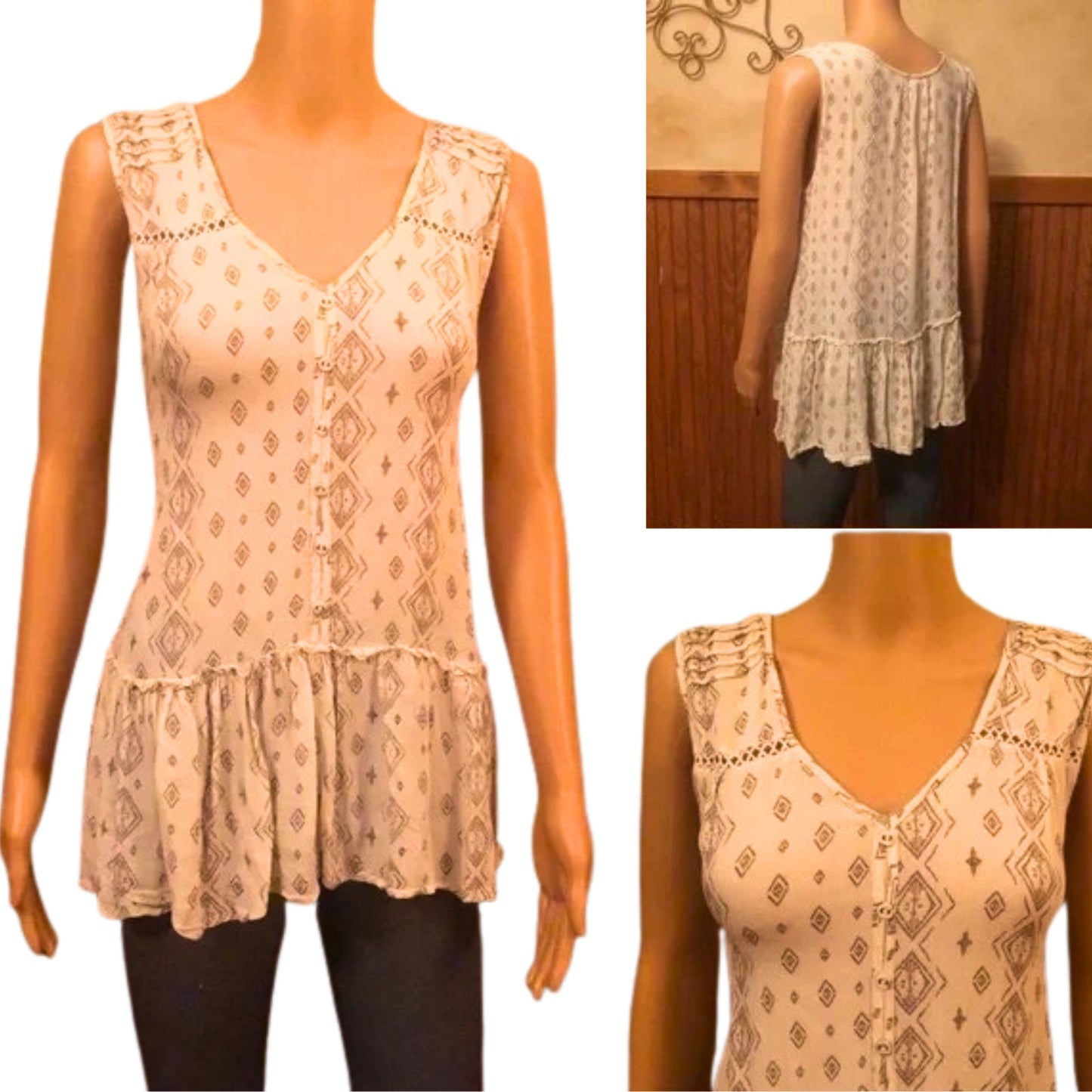 Beige patterned sleeveless top on a mannequin with close-up views against a neutral background.