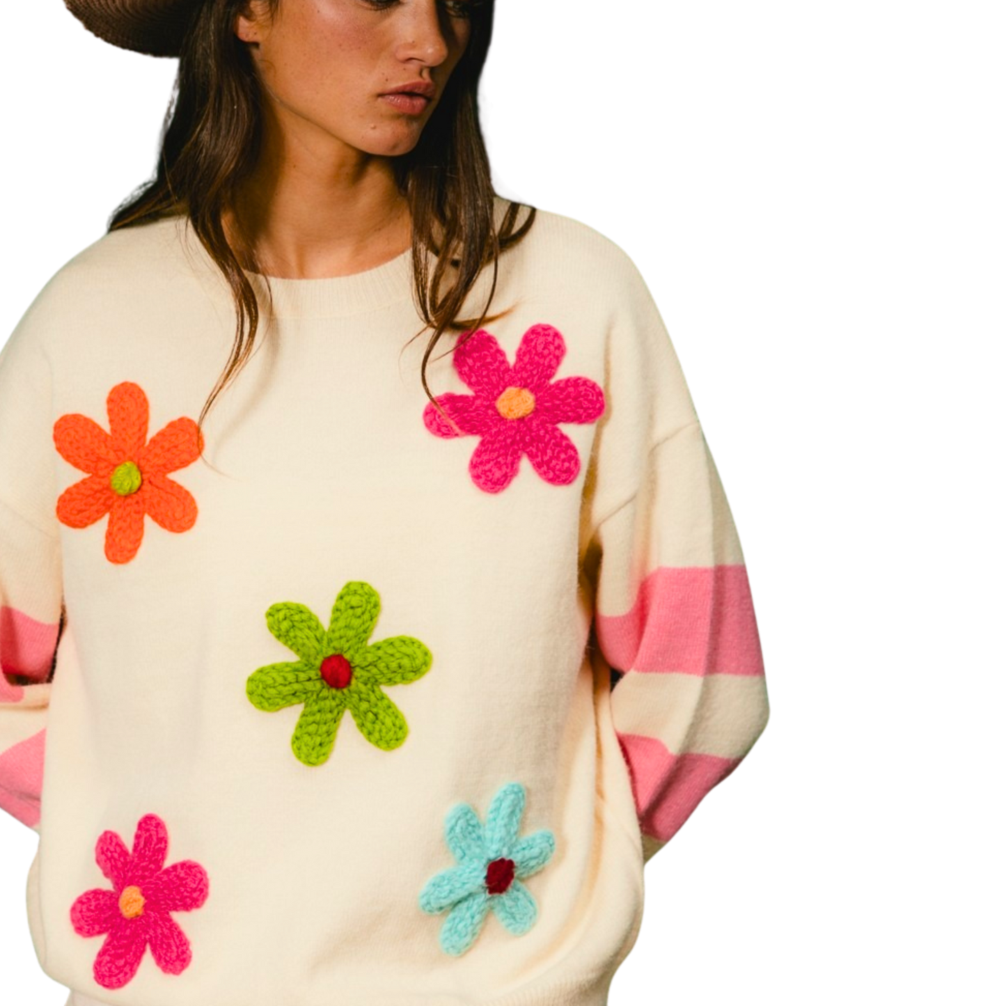 BiBi Colorful Floral Patched Sweater with Striped Sleeve