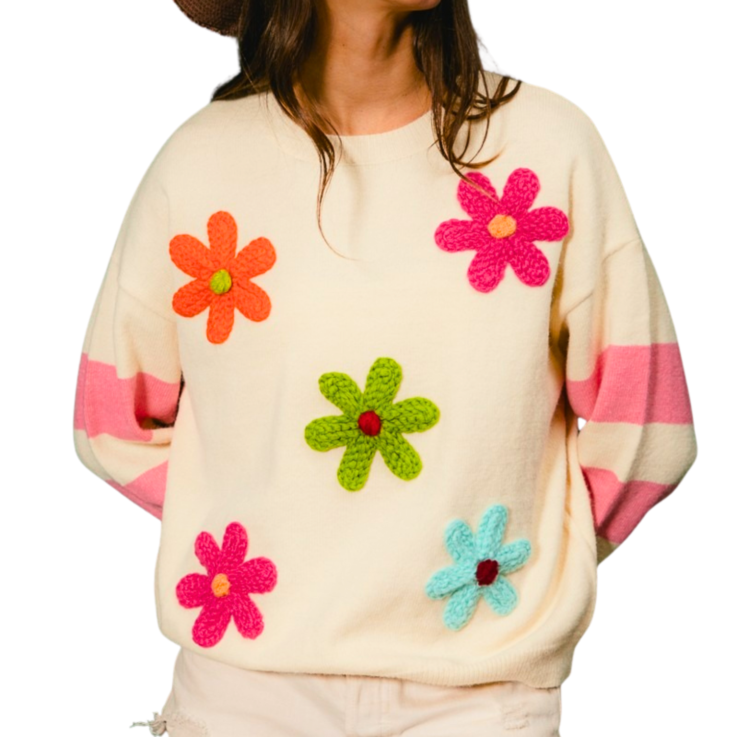 BiBi Colorful Floral Patched Sweater with Striped Sleeve