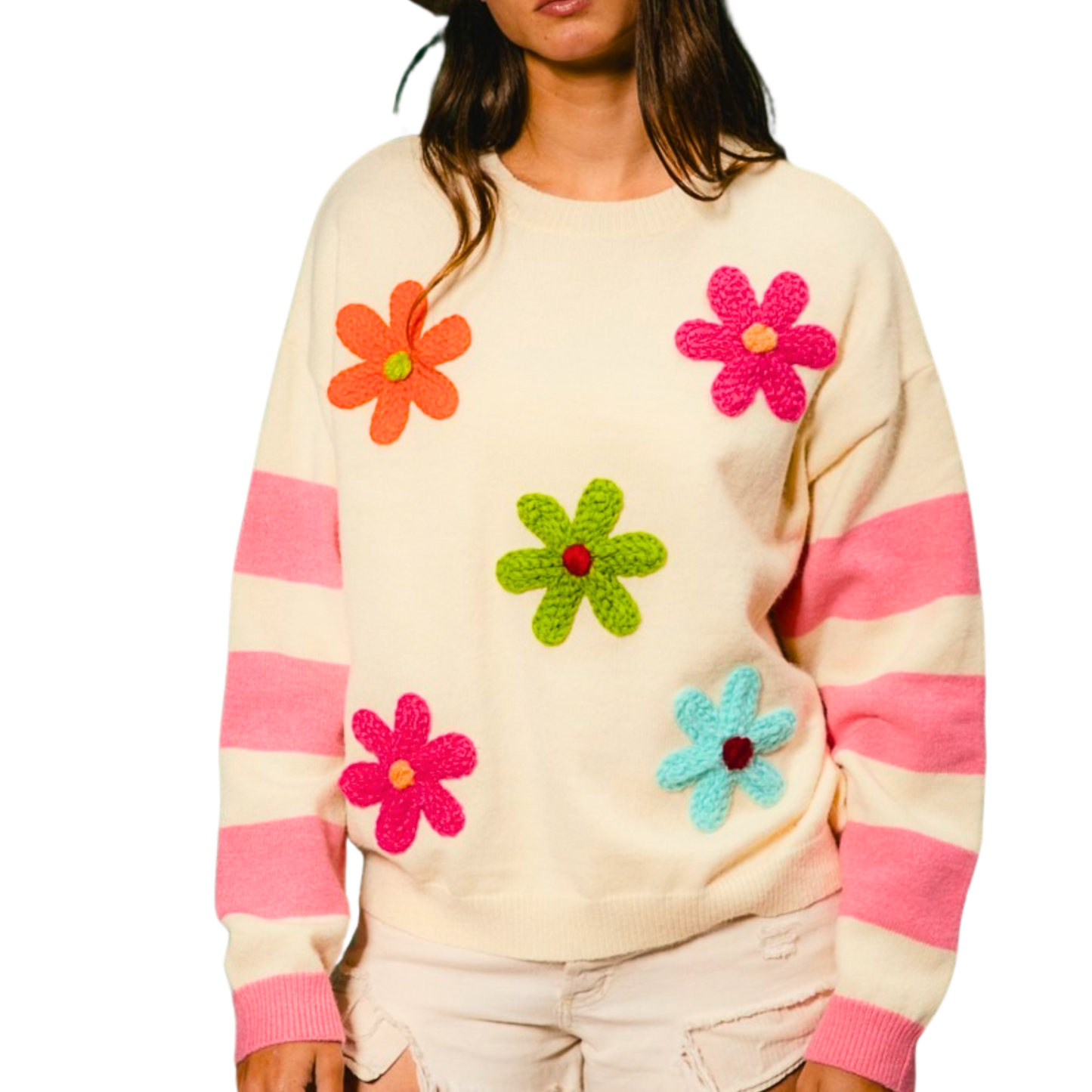 BiBi Colorful Floral Patched Sweater with Striped Sleeve