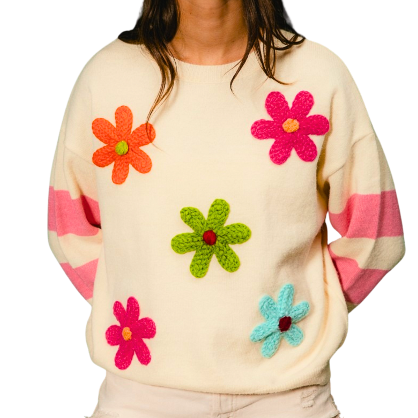 BiBi Colorful Floral Patched Sweater with Striped Sleeve