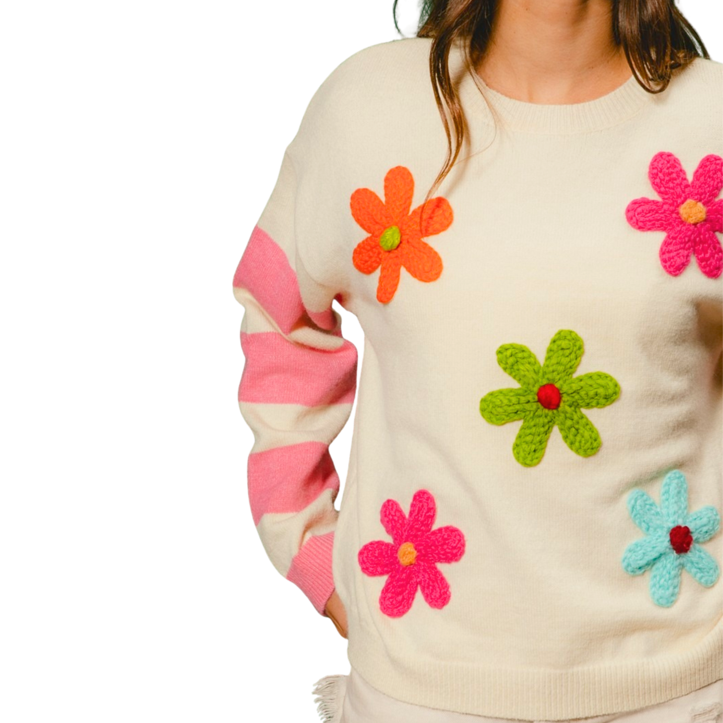 BiBi Colorful Floral Patched Sweater with Striped Sleeve