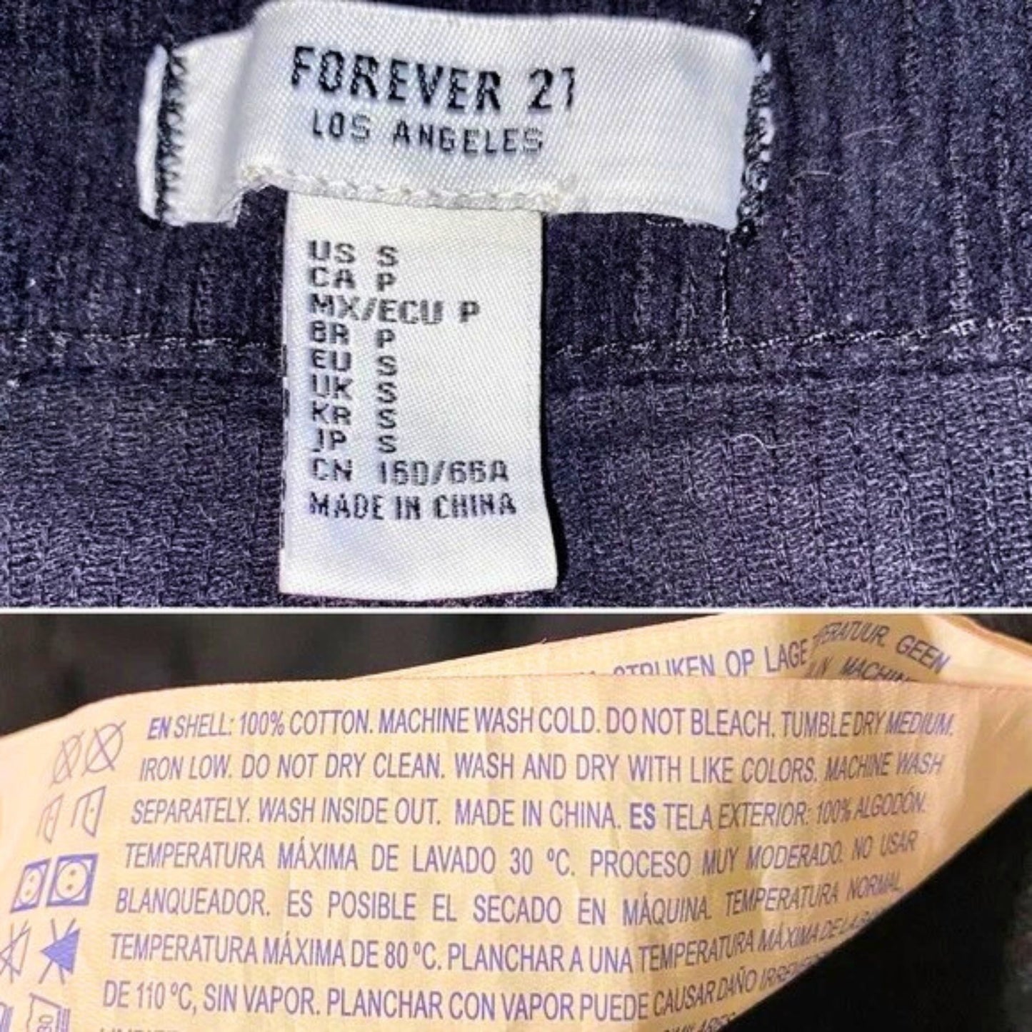 Clothing label with 'Forever 21' branding and size chart on a denim fabric background.