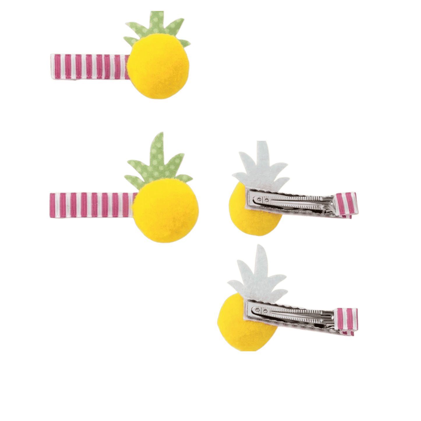 Set of pineapple-themed hair clips on a green background