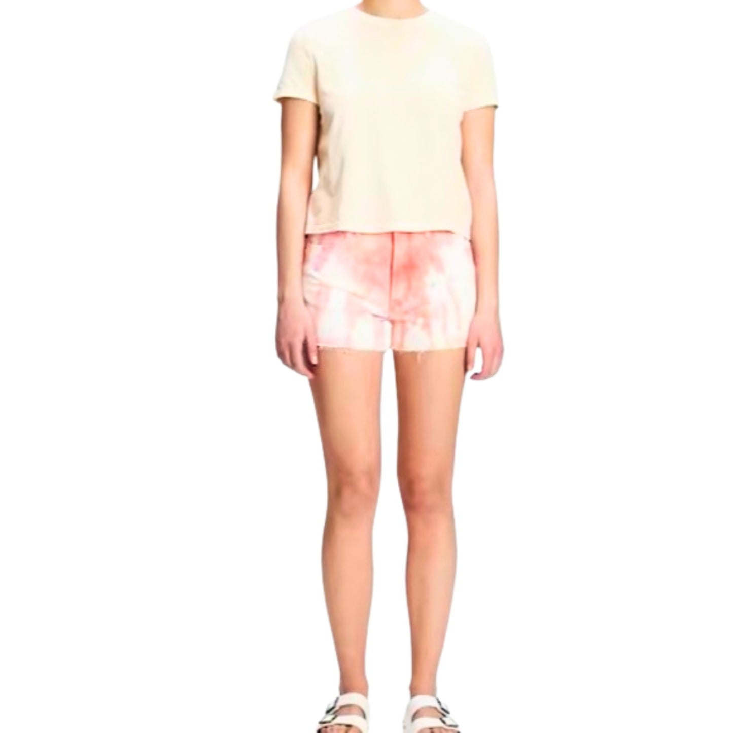 Person wearing a light-colored t-shirt and tie-dye shorts on a white background