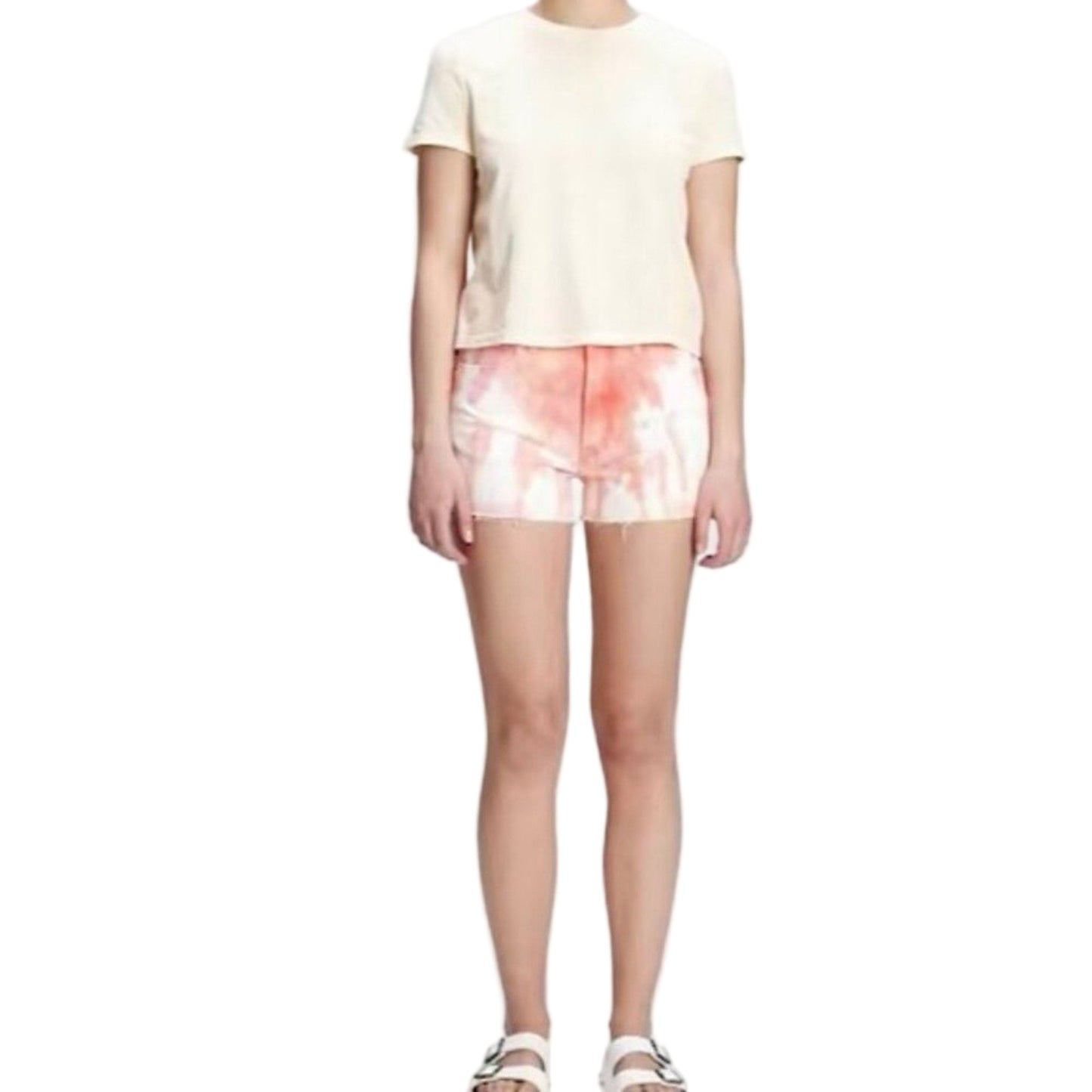 Person wearing a light-colored t-shirt and tie-dye shorts on a white background