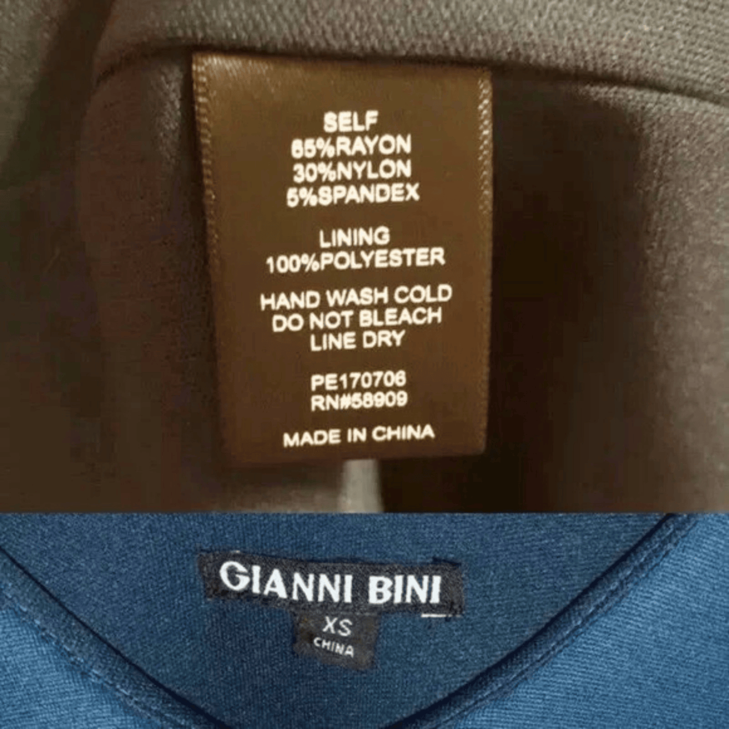 Clothing label with fabric composition and care instructions on a garment with Gianni Bini branding.