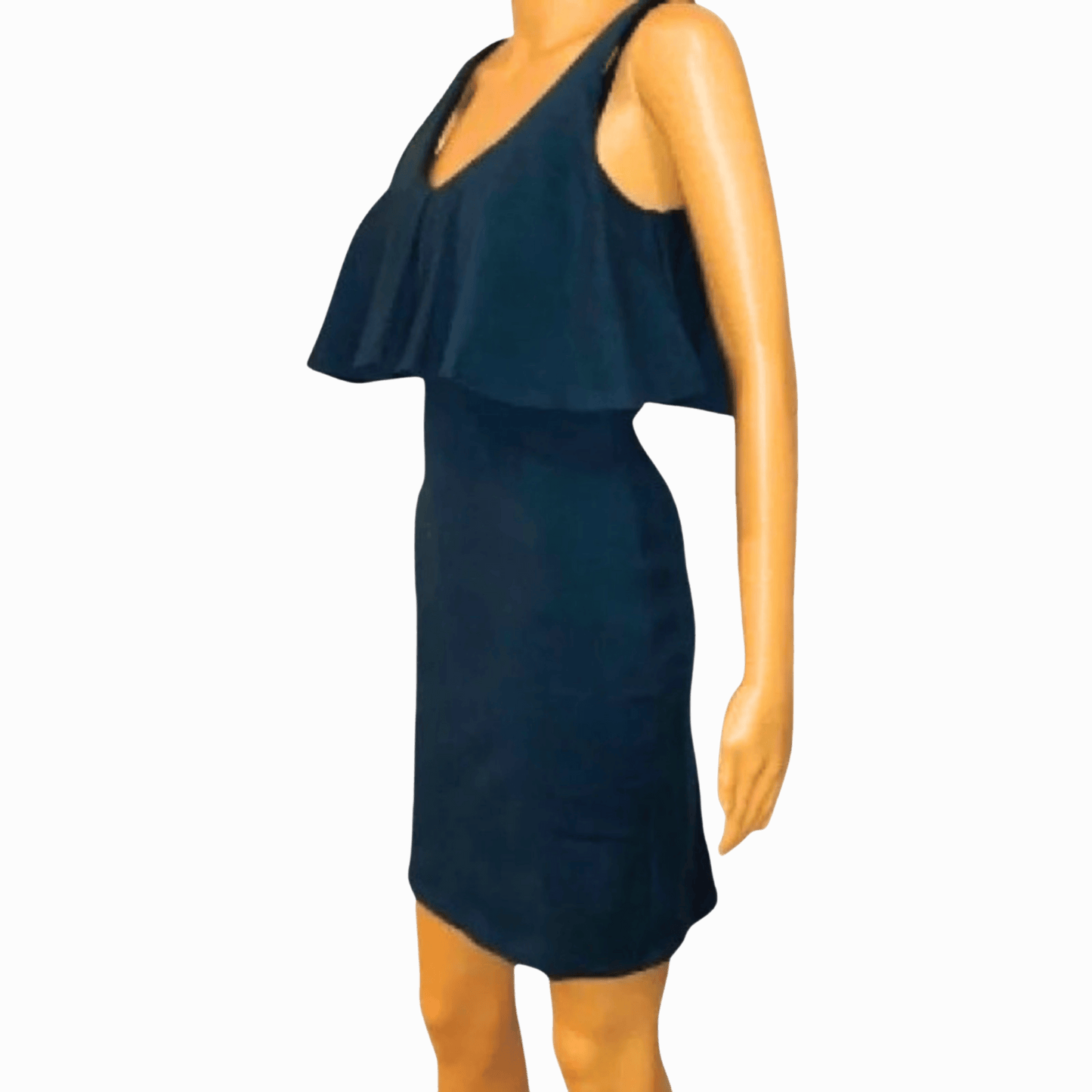 Navy blue dress on a mannequin against a gray background