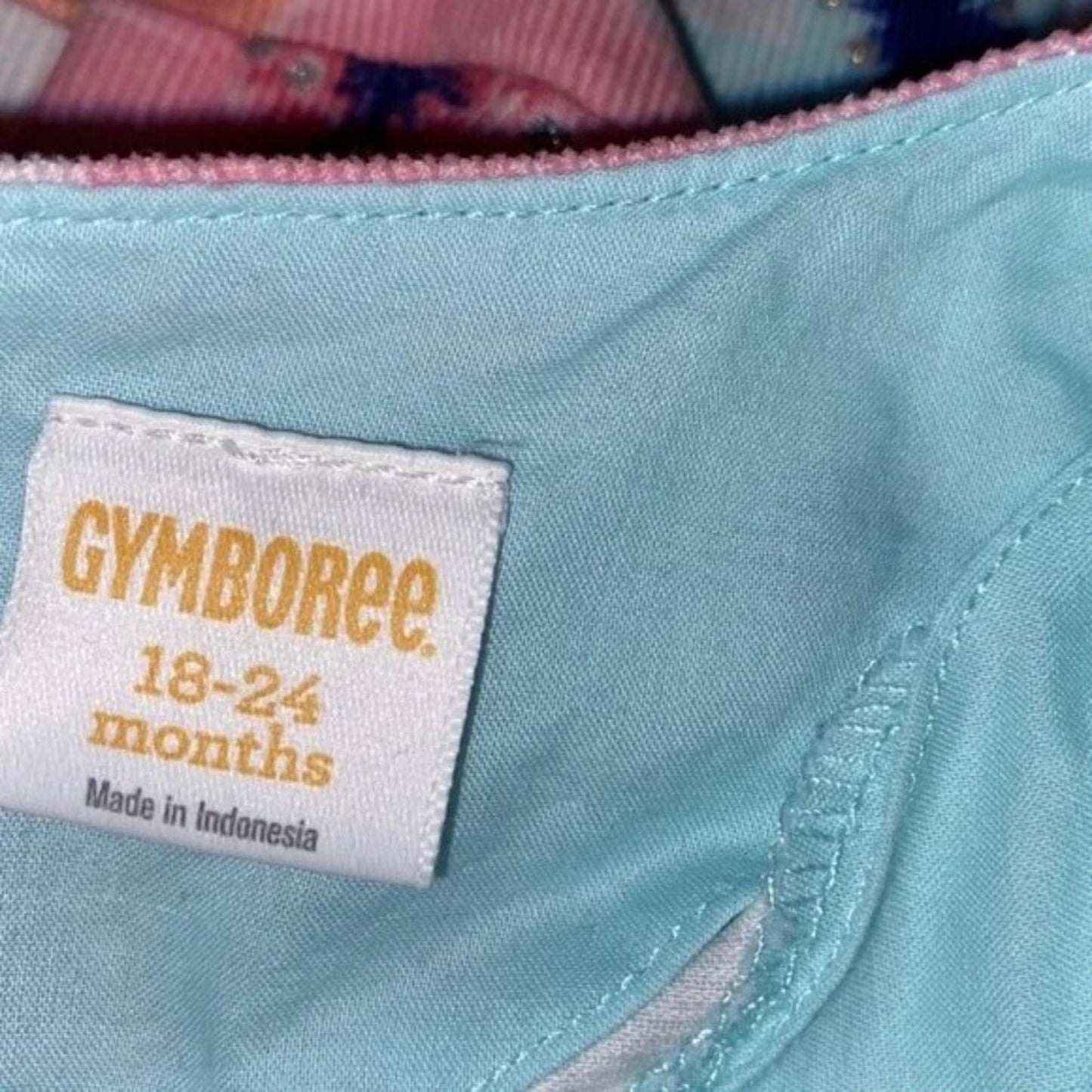 Gymboree label on a light blue fabric with pink zipper in the background