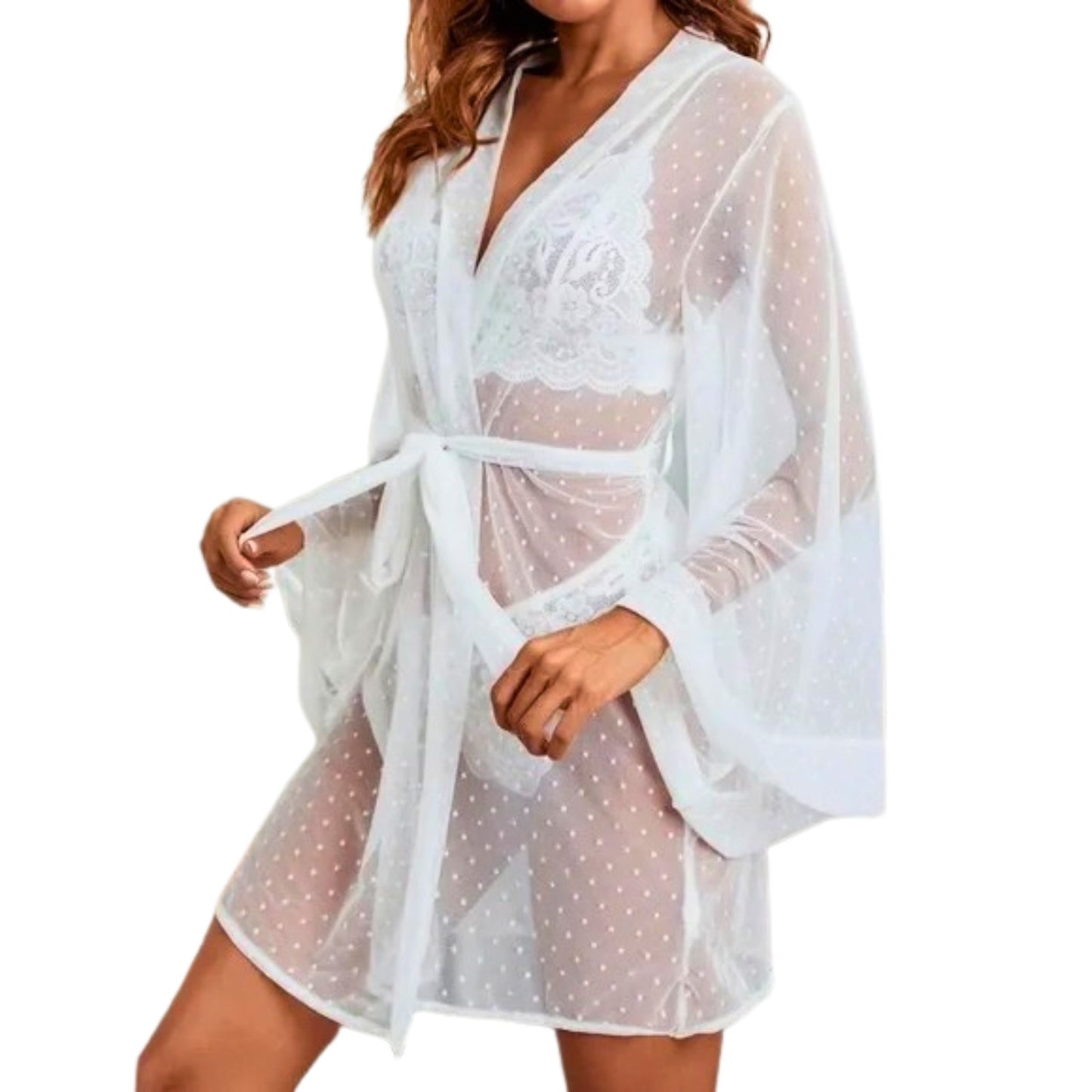 White sheer cover-up with polka dots on a white background