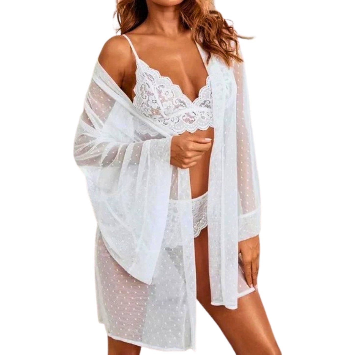 White lace lingerie set with sheer cover-up on a white background