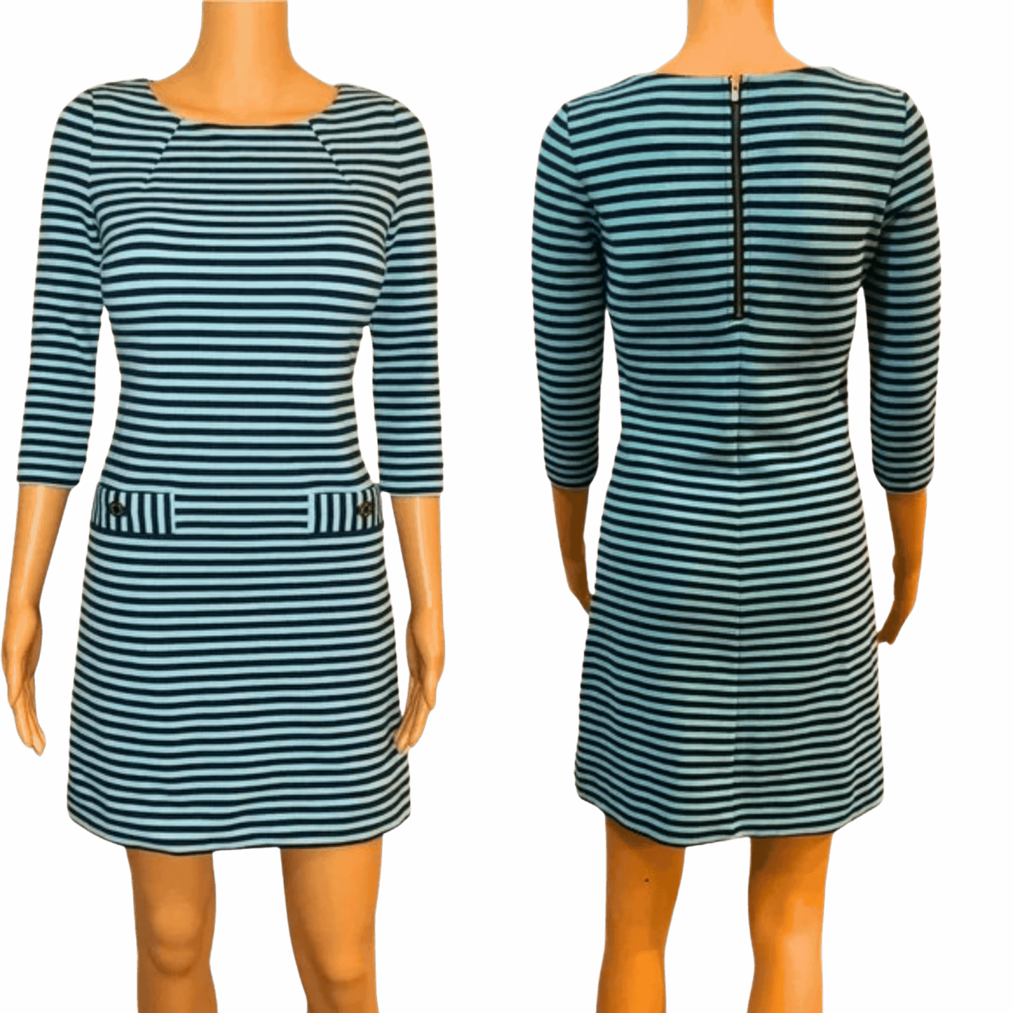 Striped dress shown from front and back on a pink background