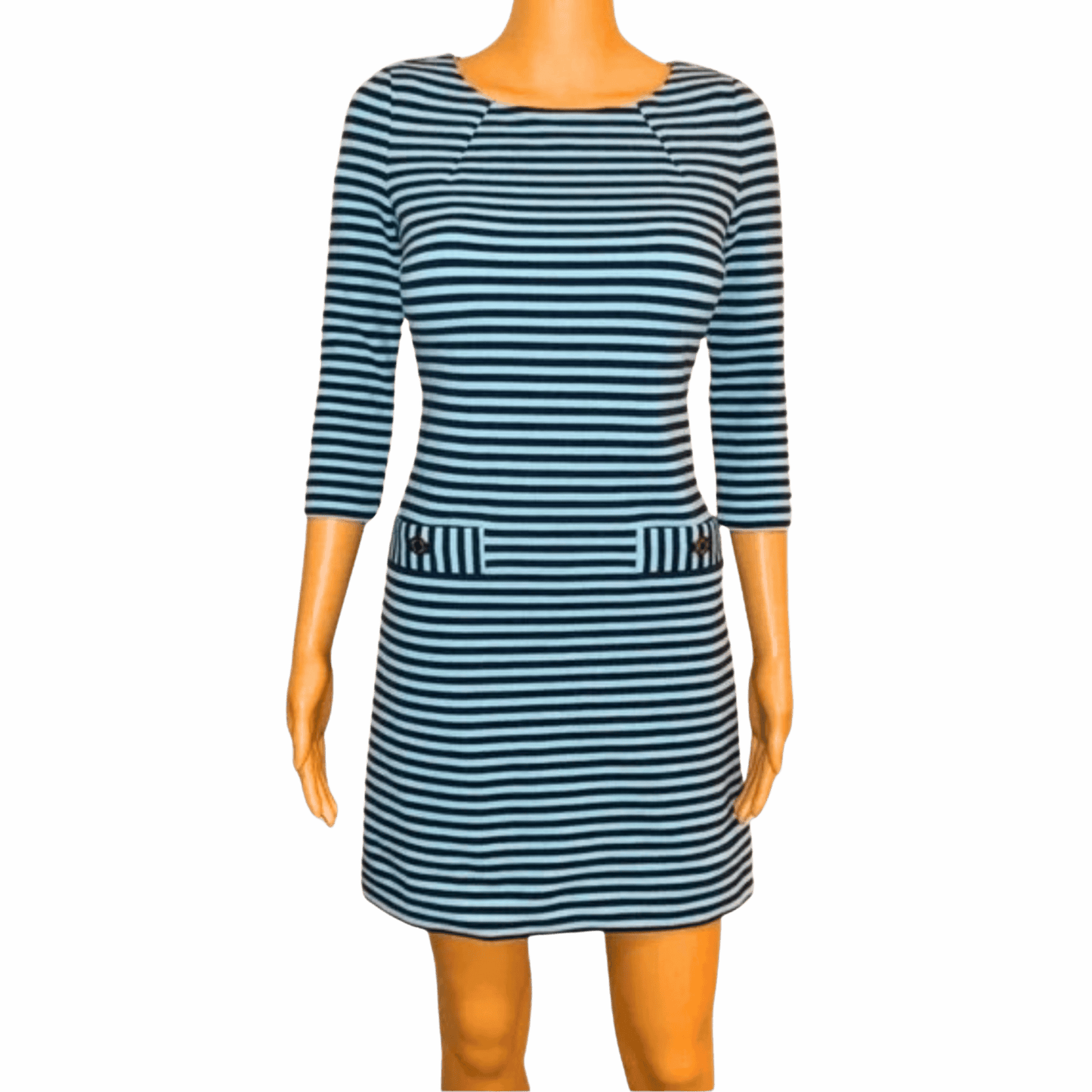 Mannequin wearing a blue and white striped dress on a gray background