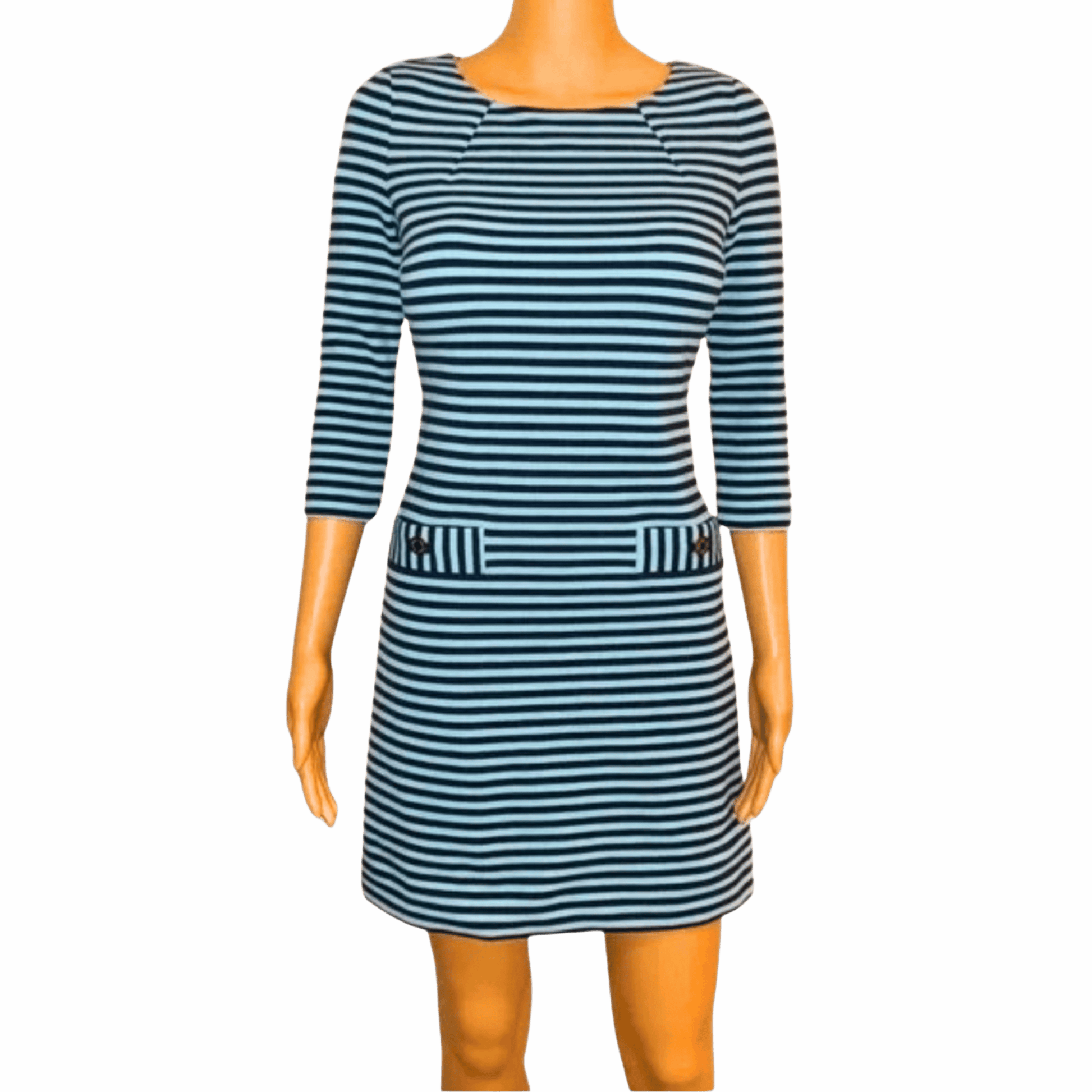 Mannequin wearing a blue and white striped dress on a gray background