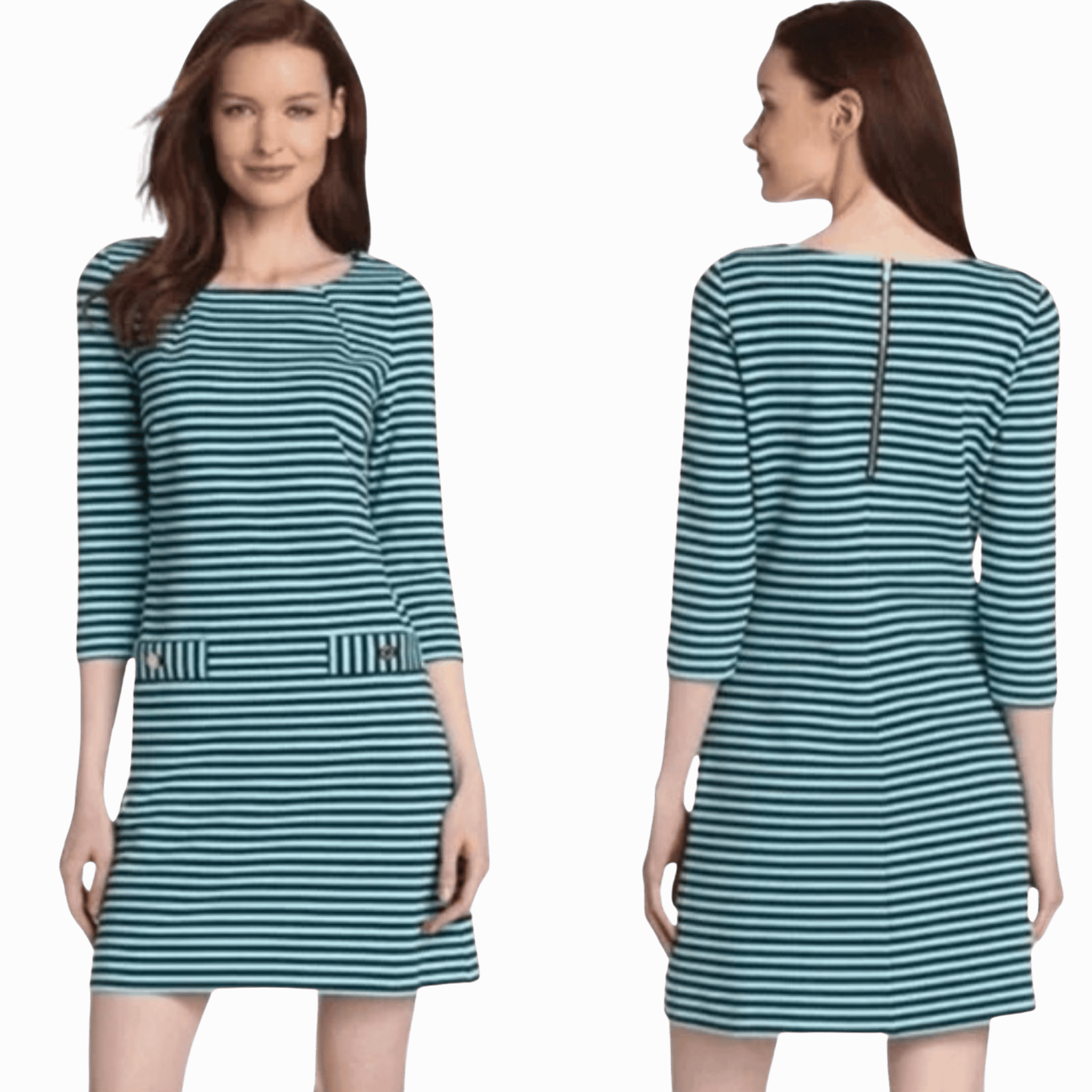 Green and white striped dress worn by a model on a red background