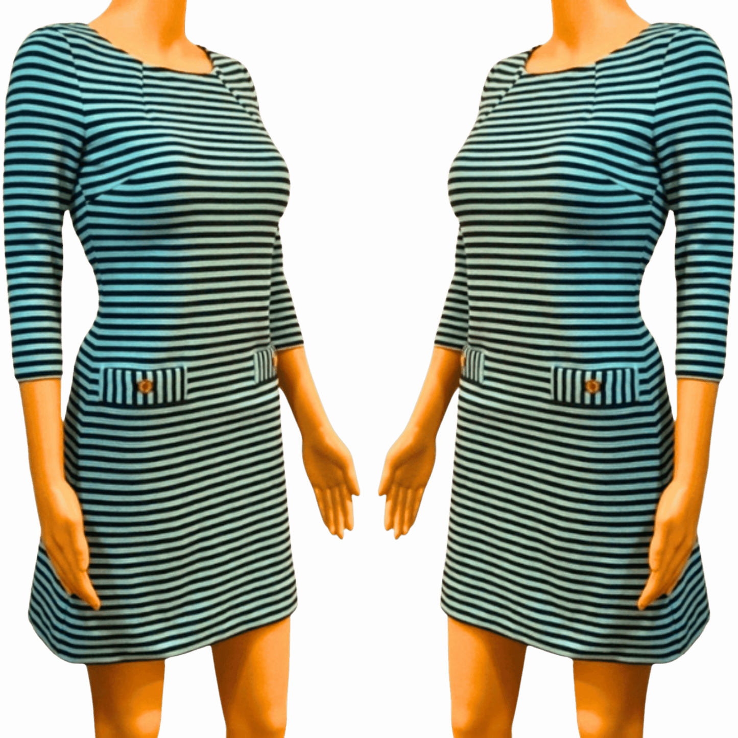 Green and black striped dress on a mannequin against a gray background