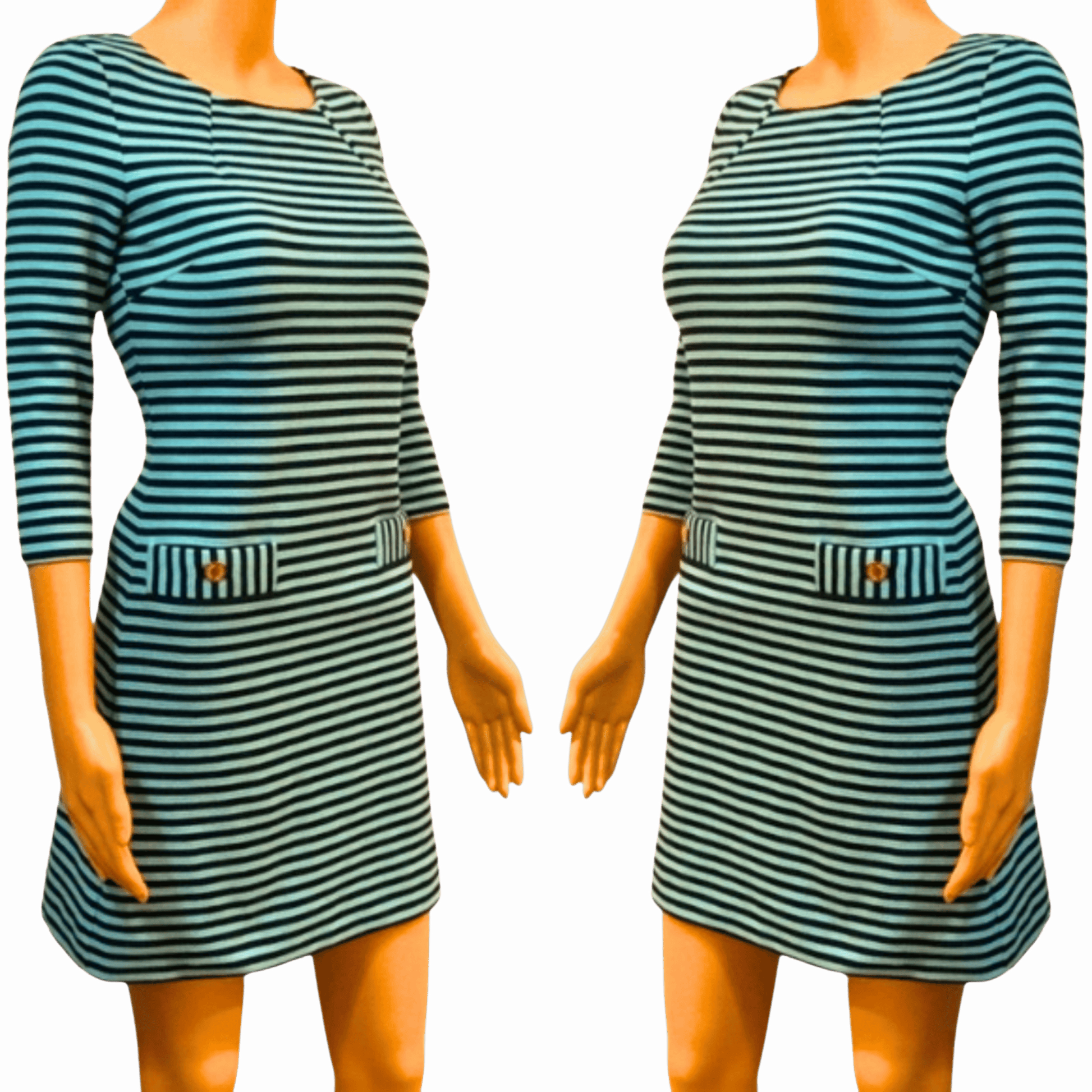 Green and black striped dress on a mannequin against a gray background