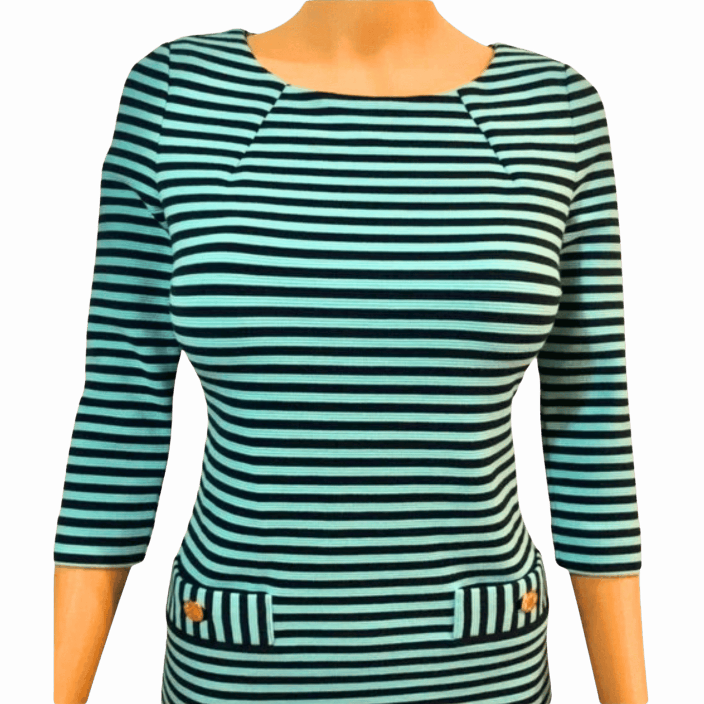 Mannequin wearing a green and black striped shirt with a gray background