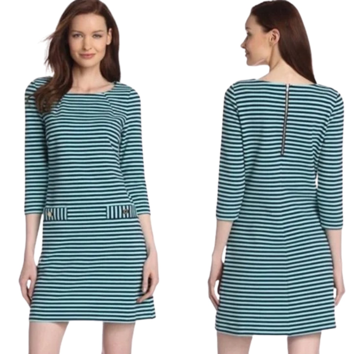 Woman wearing a green and white striped dress, shown from front and back views.