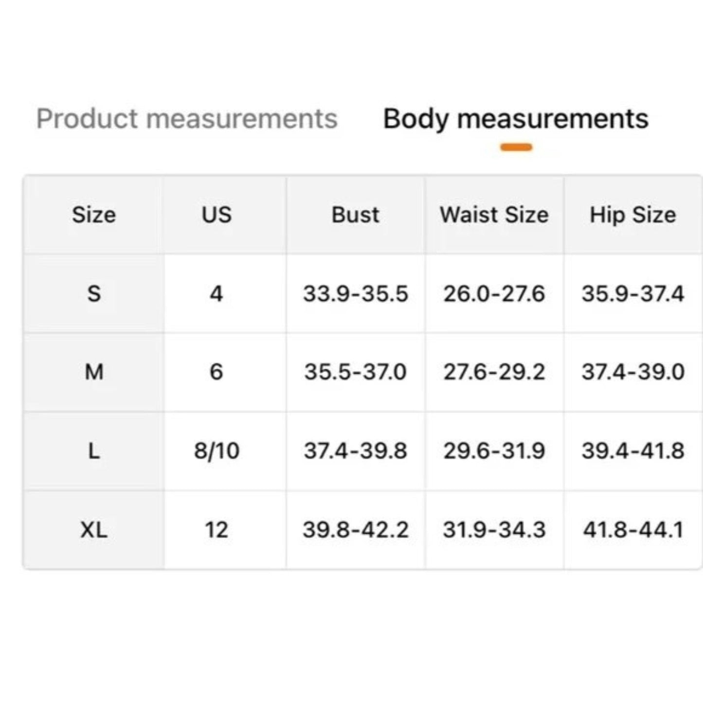 Table displaying body measurements for different sizes with US size, bust, waist, and hip measurements.