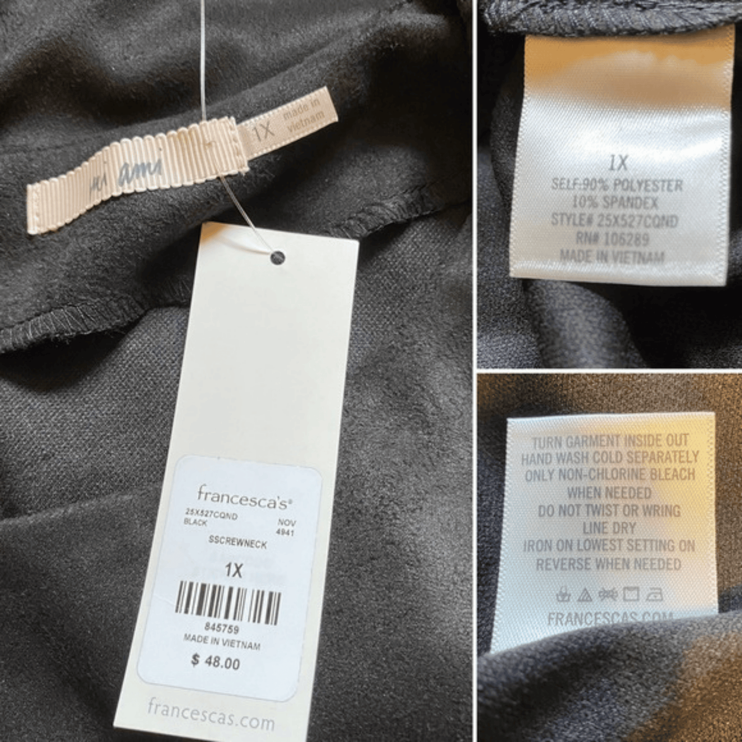Clothing tag with brand information and care instructions on a gray fabric background
