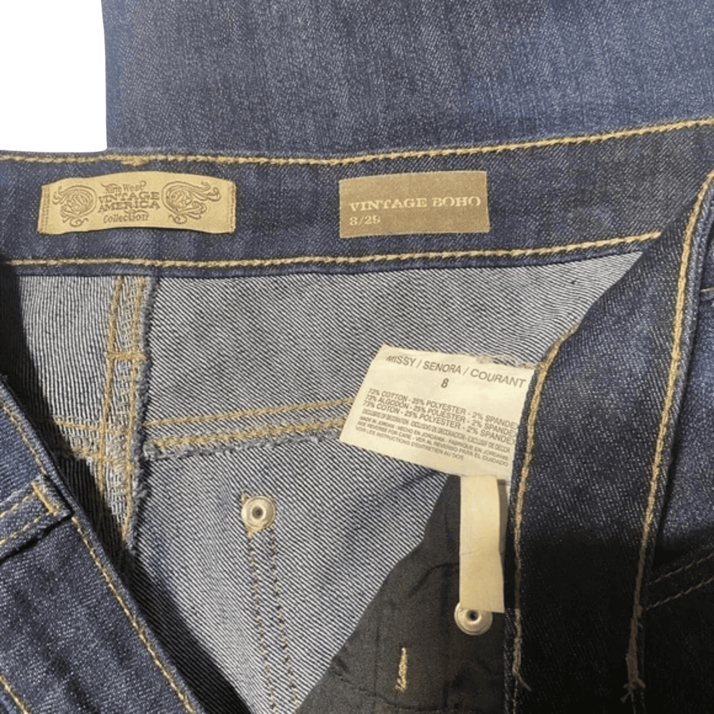 Close-up of a pair of blue jeans with brand labels and size information.