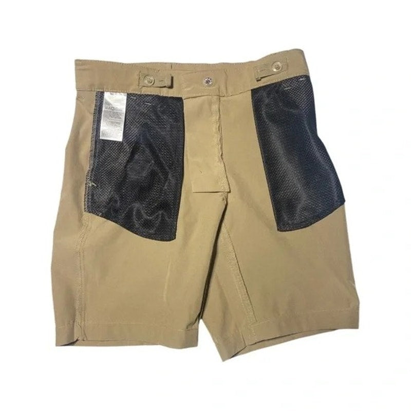 Beige shorts with black mesh panels on a white background