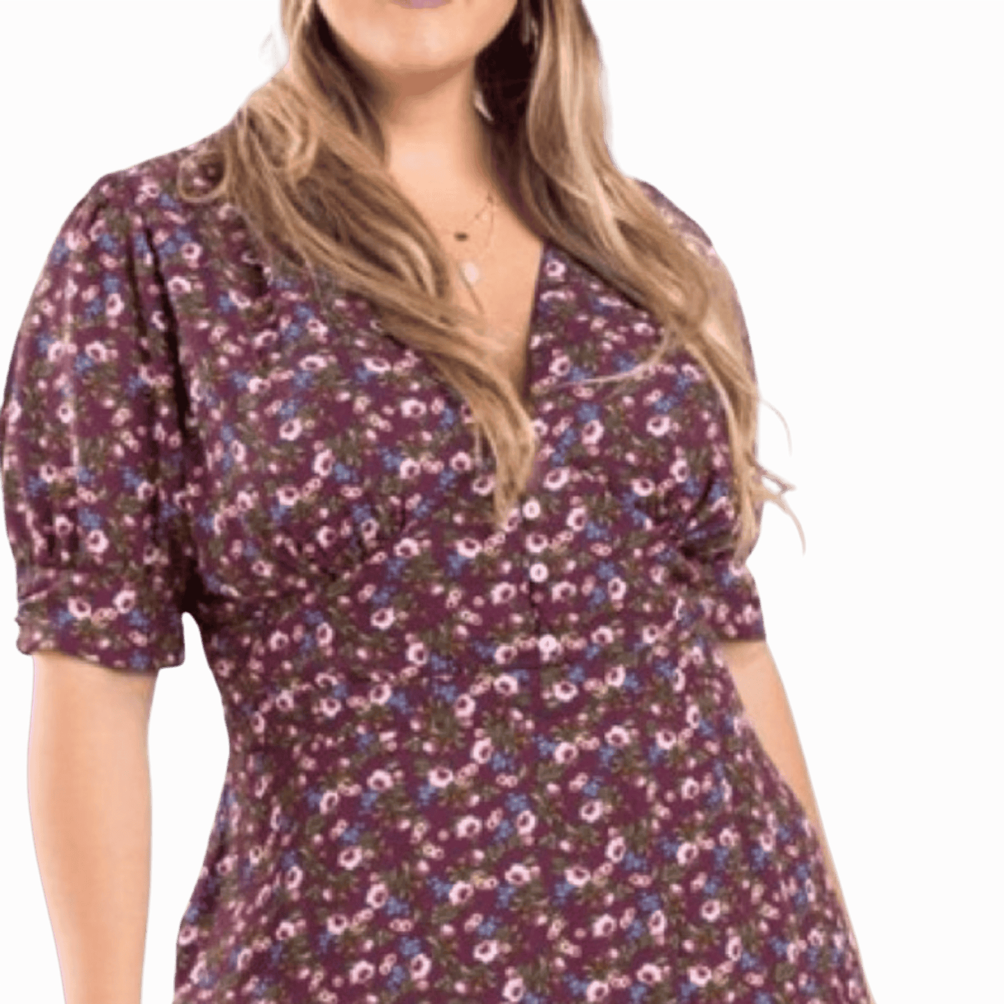 Woman wearing a floral dress on a brown background