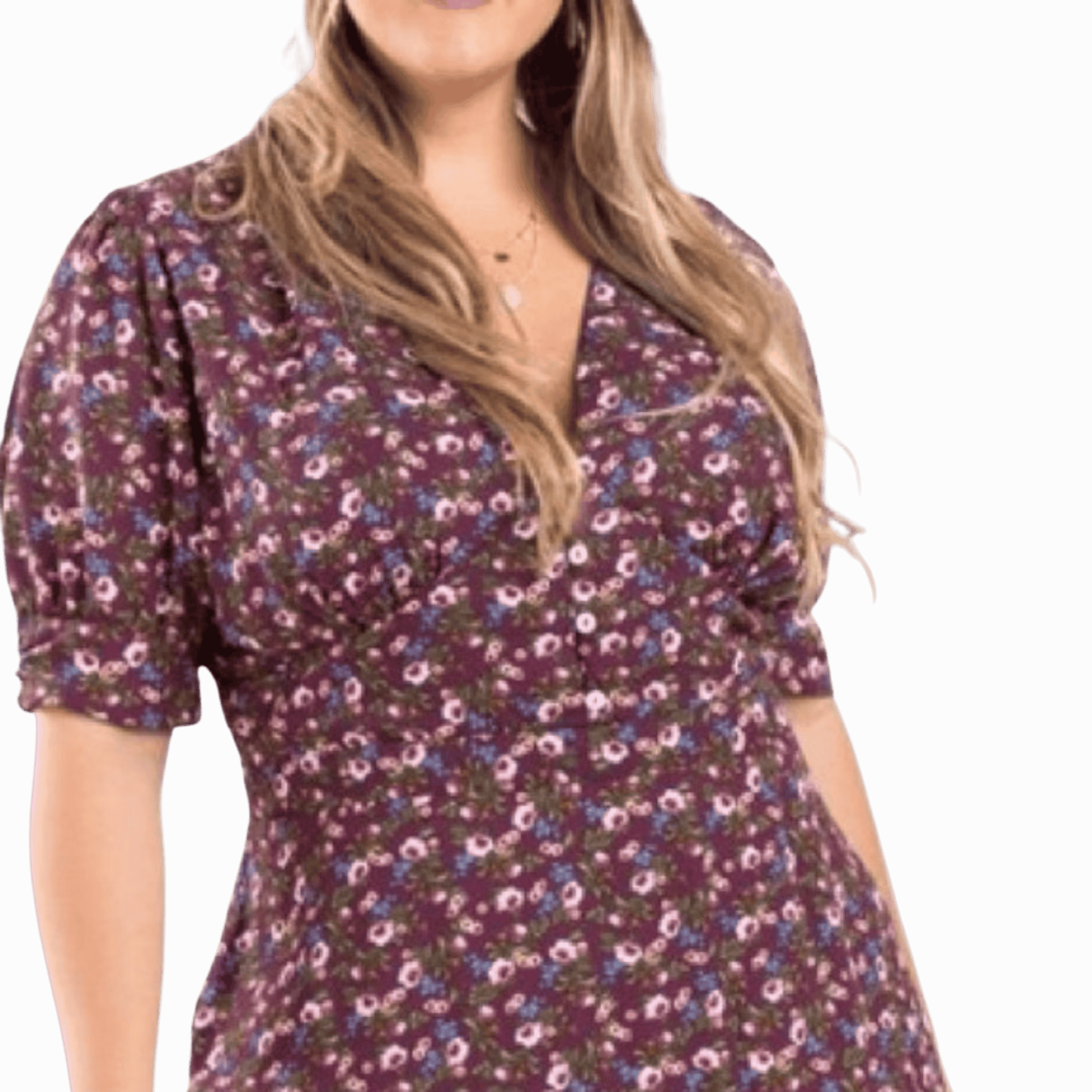 Woman wearing a floral dress on a brown background