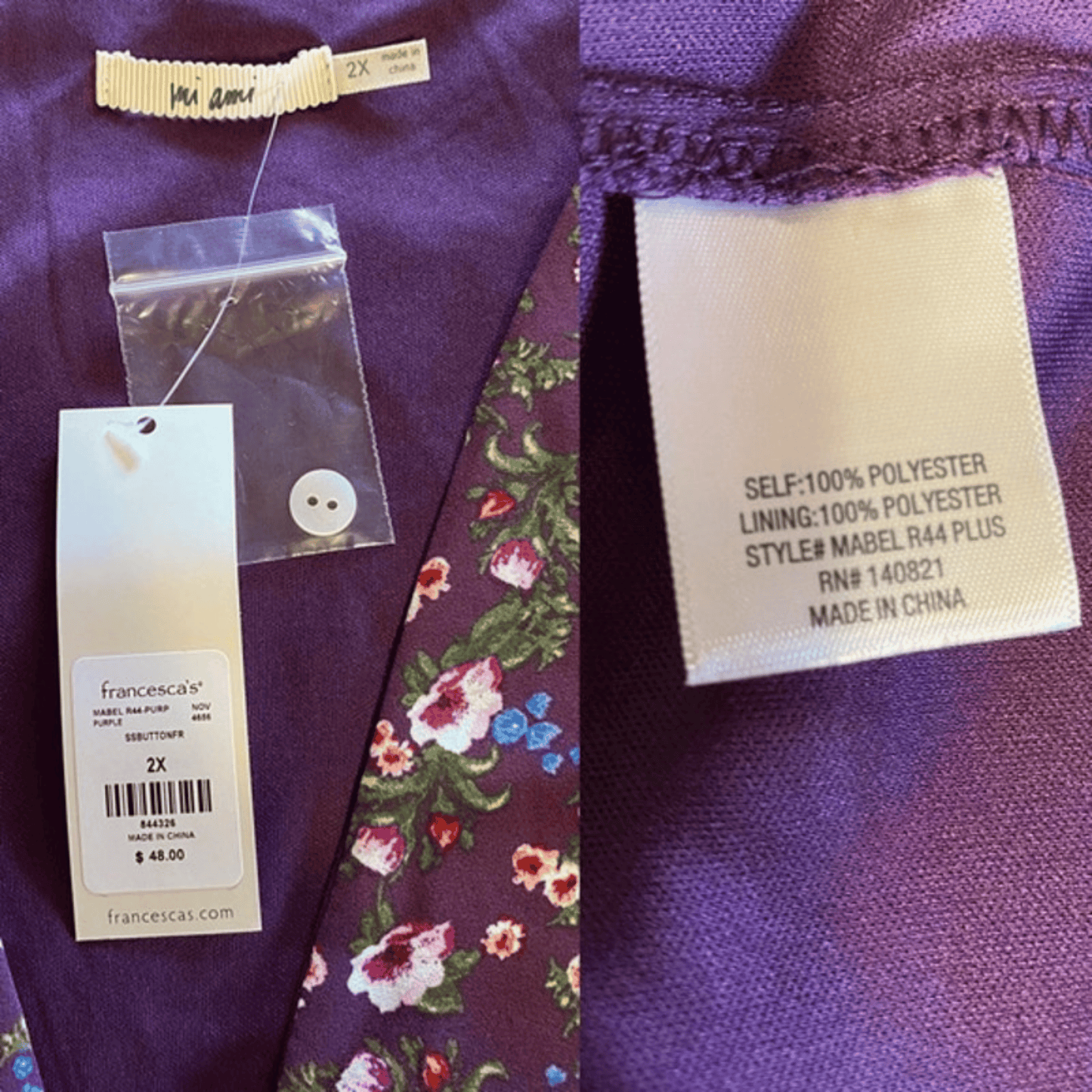 Close-up of a purple garment with labels and tags, including a button and brand name.