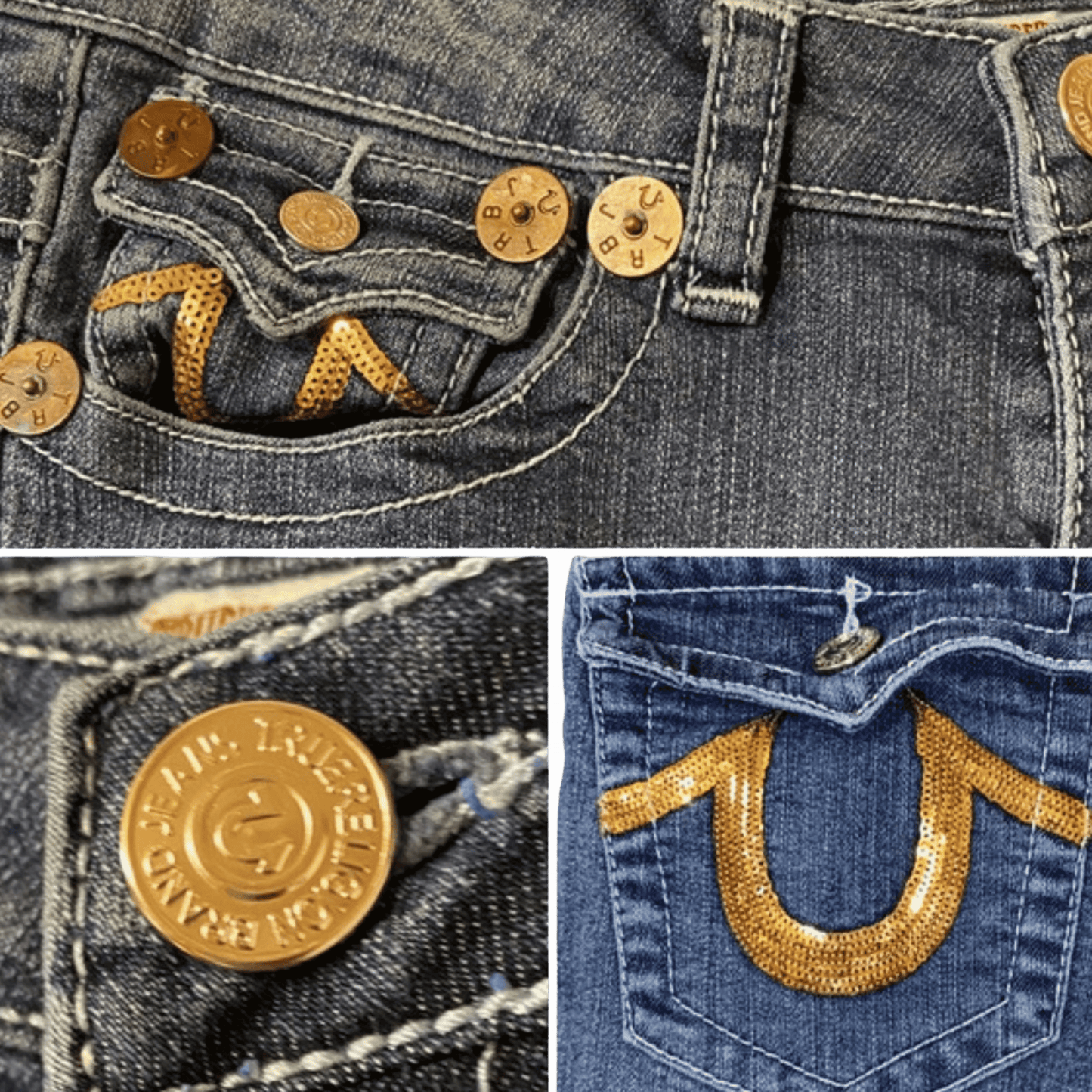 Collage of blue jeans with gold lucky horseshoe design and button details.